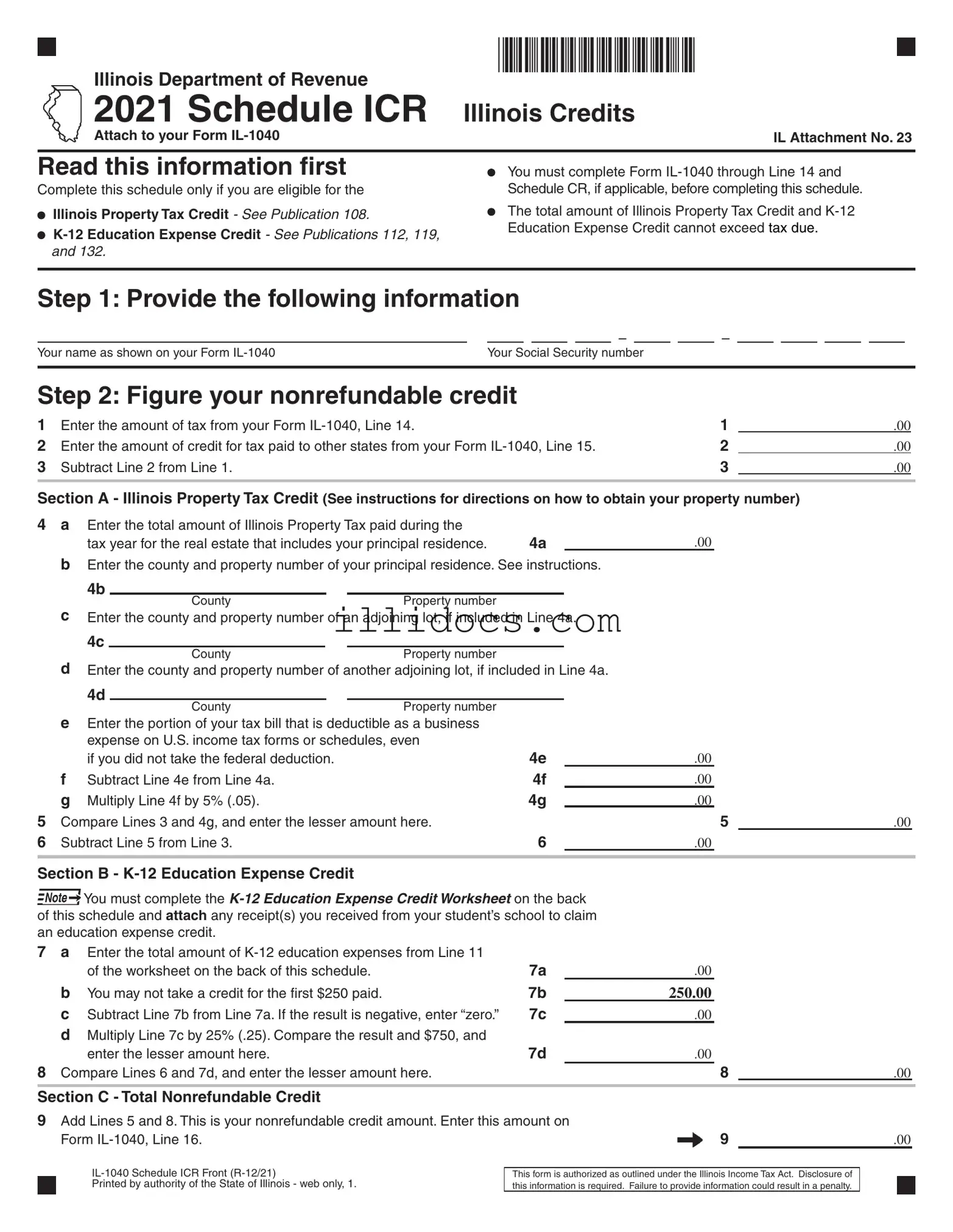 Fillable 2015 Illinois Schedule Icr Template in PDF