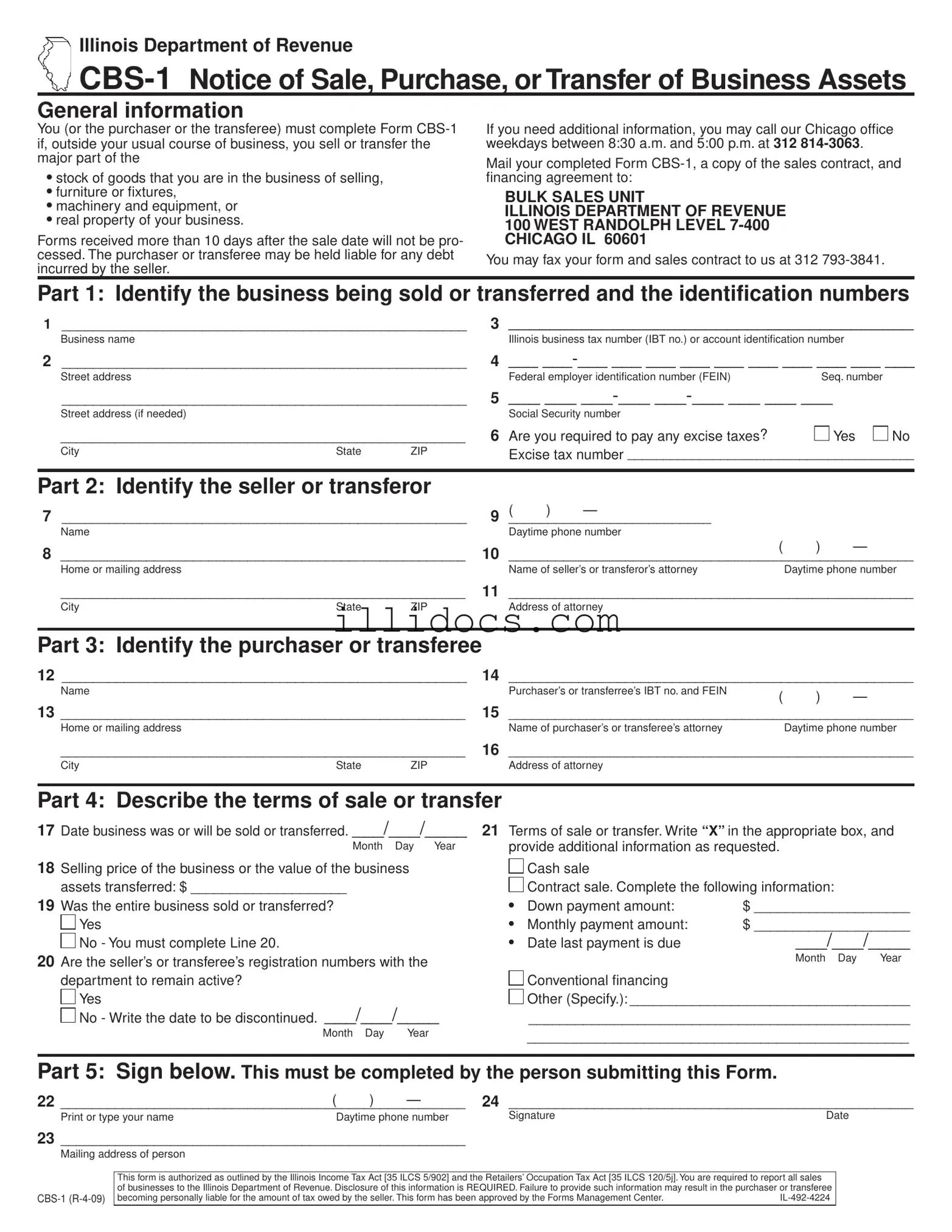 Fillable Cbs 1 Illinois Template in PDF