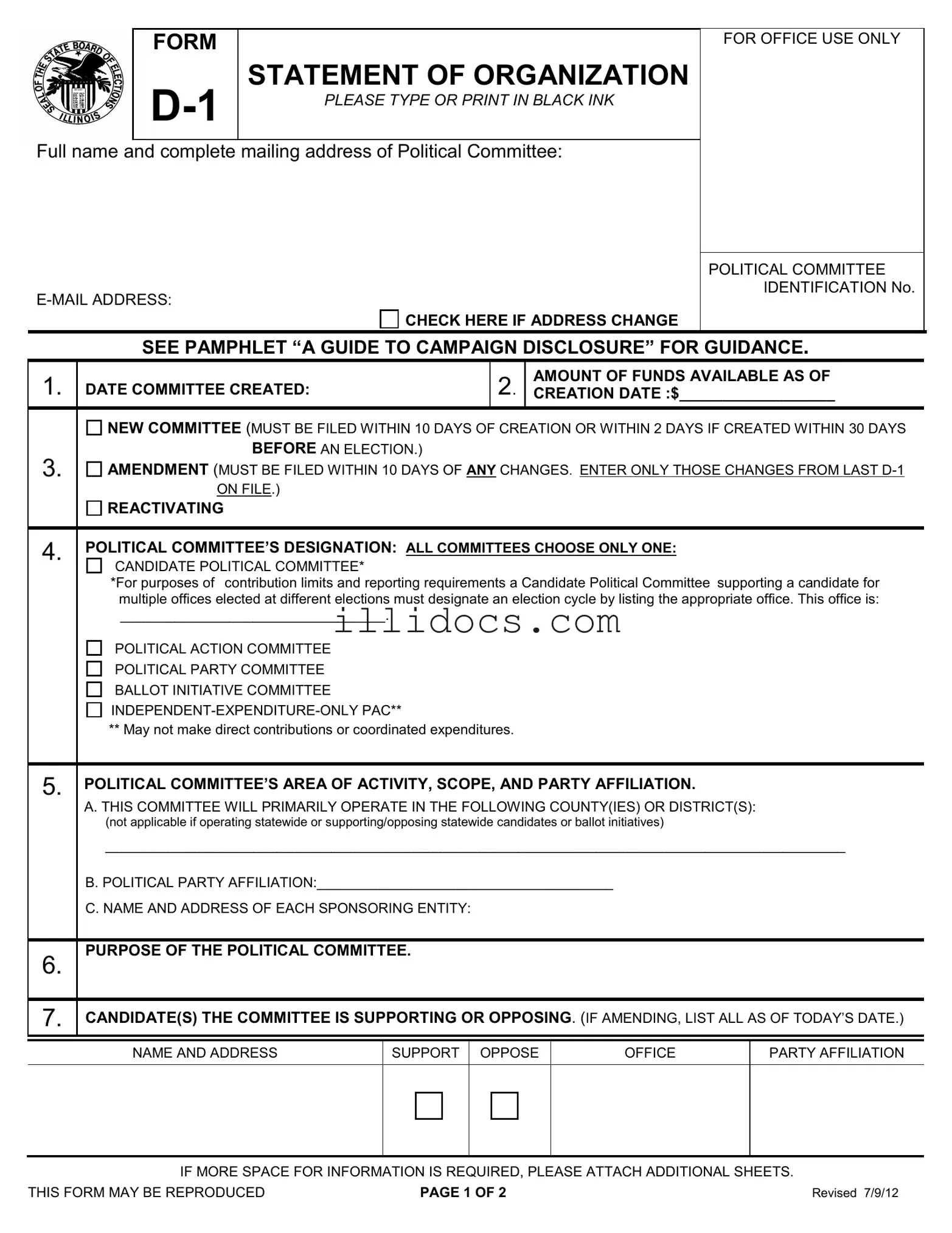 Fillable D 1 Statement Organization Illinois Template in PDF