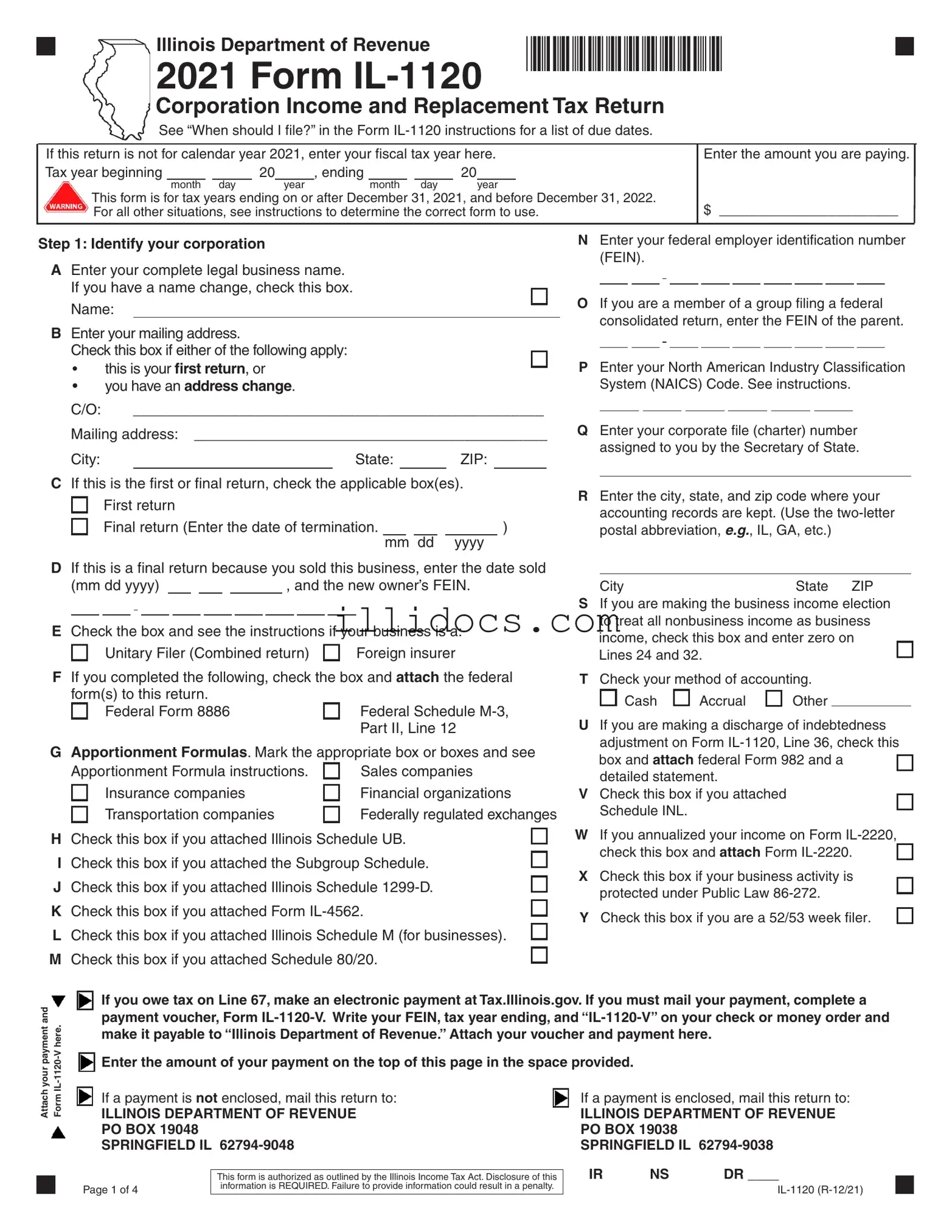 Fillable Illinois 1120 Template in PDF