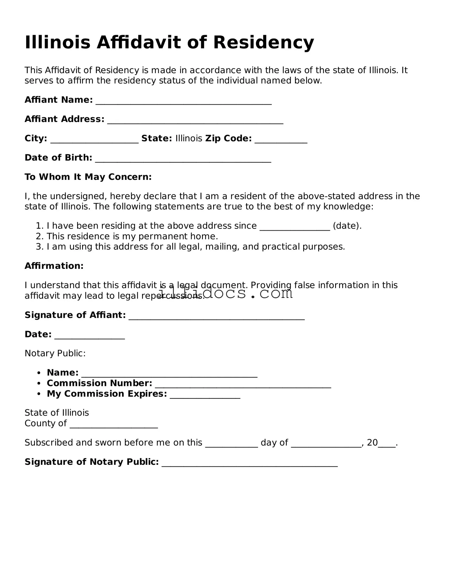 Official  Affidavit of Residency Document for Illinois