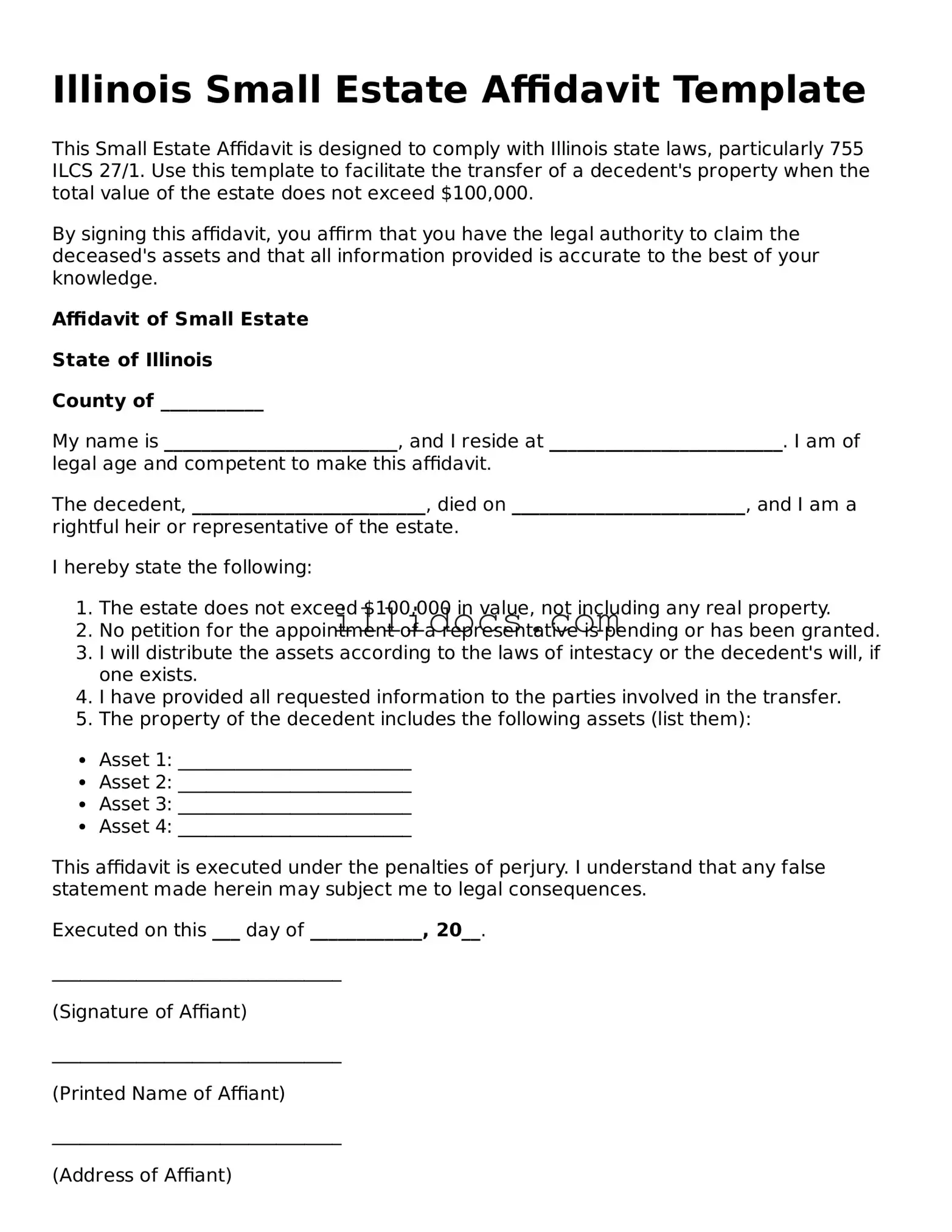 Official  Small Estate Affidavit Document for Illinois
