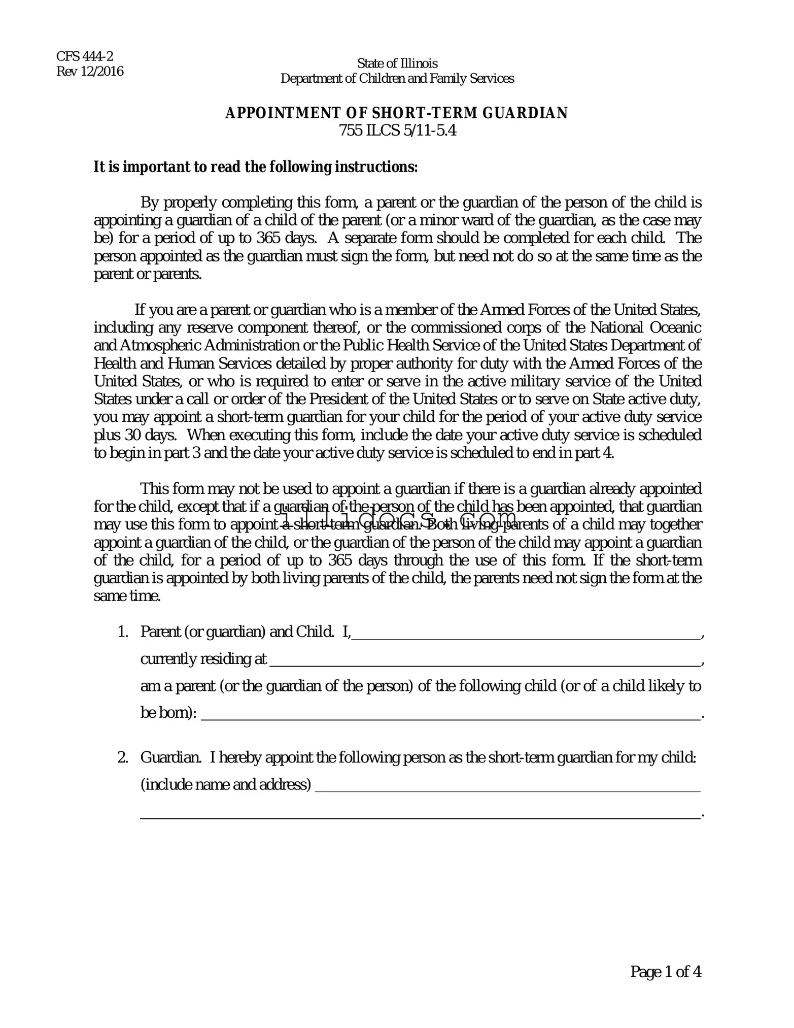 Fillable Illinois Appointment Short Term Guardian Template in PDF