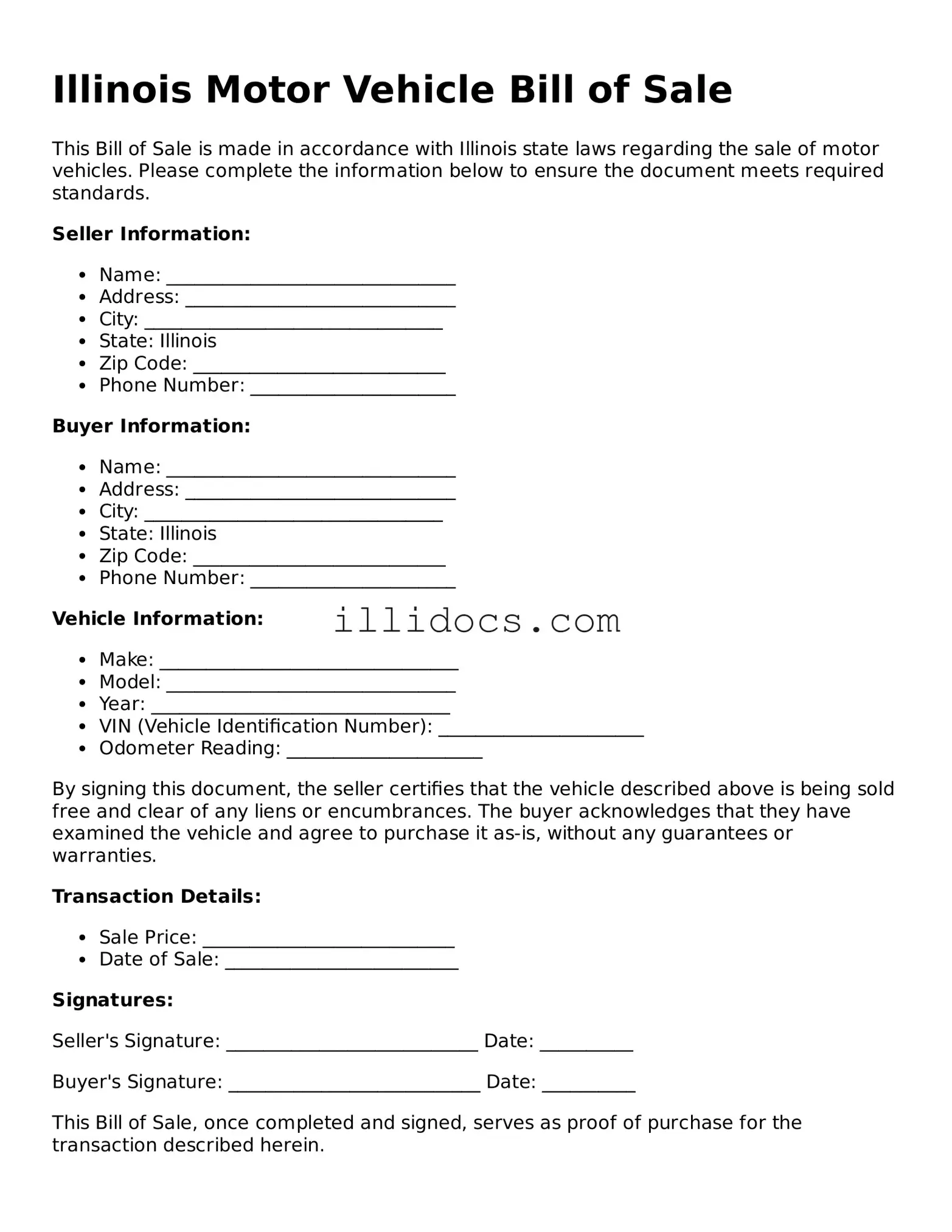 Official  Motor Vehicle Bill of Sale Document for Illinois