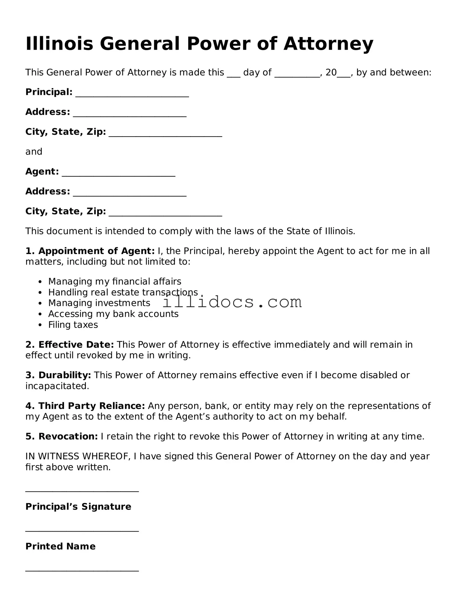 Official  General Power of Attorney Document for Illinois