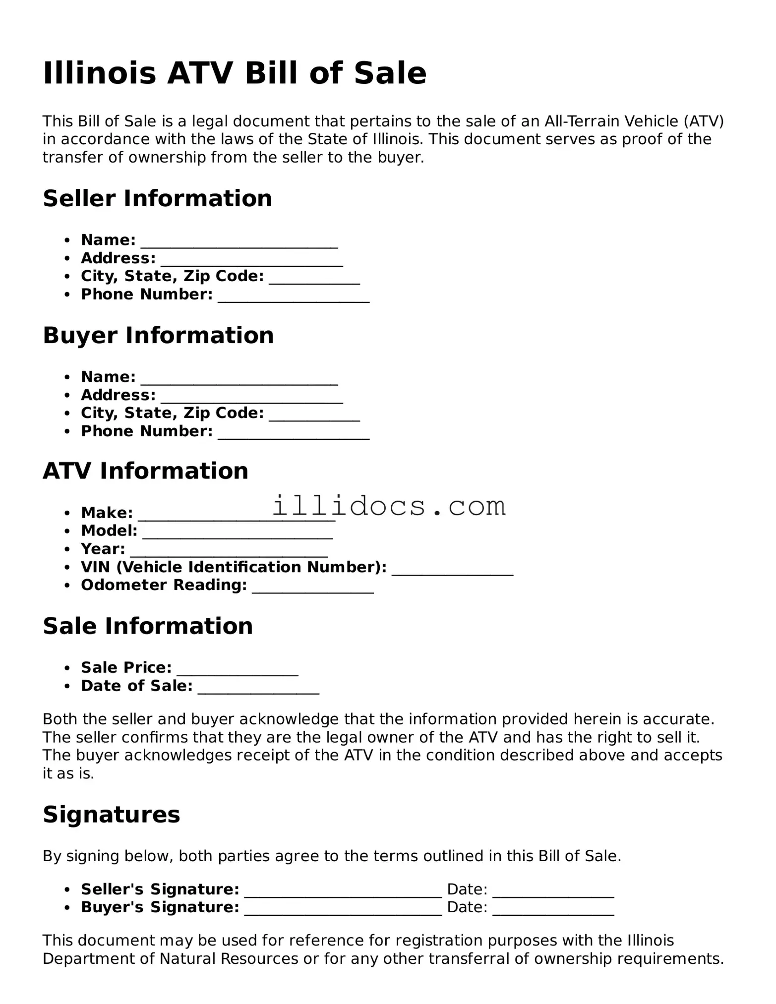 Official  ATV Bill of Sale Document for Illinois