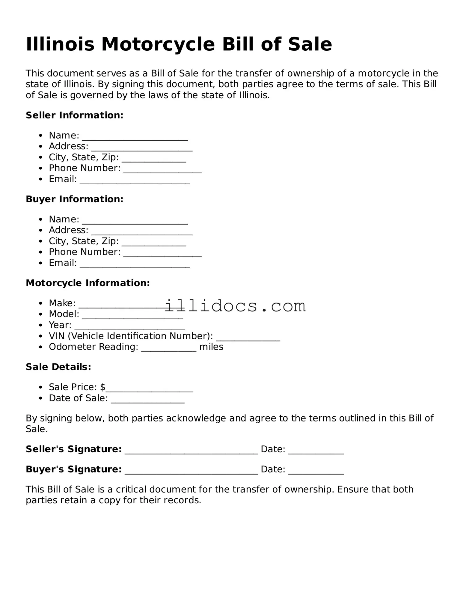 Official  Motorcycle Bill of Sale Document for Illinois