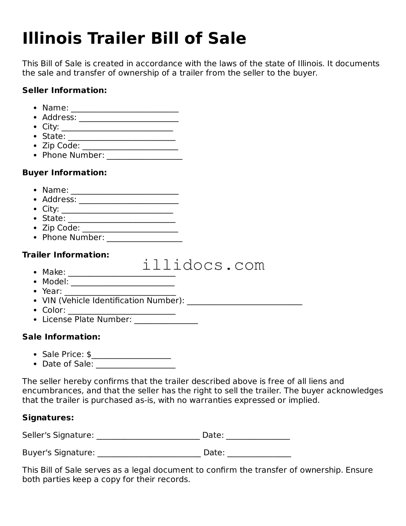 Official  Trailer Bill of Sale Document for Illinois