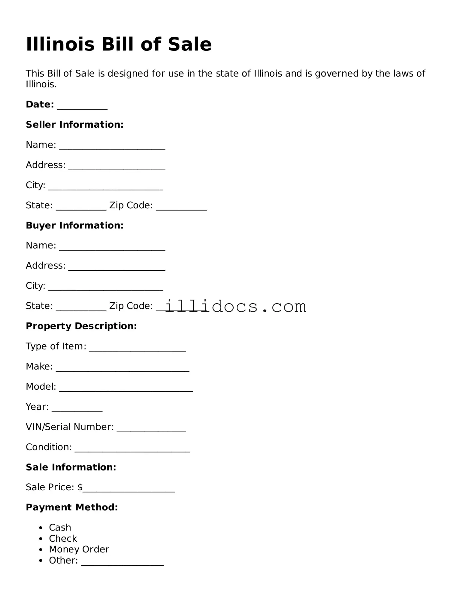 Official  Bill of Sale Document for Illinois