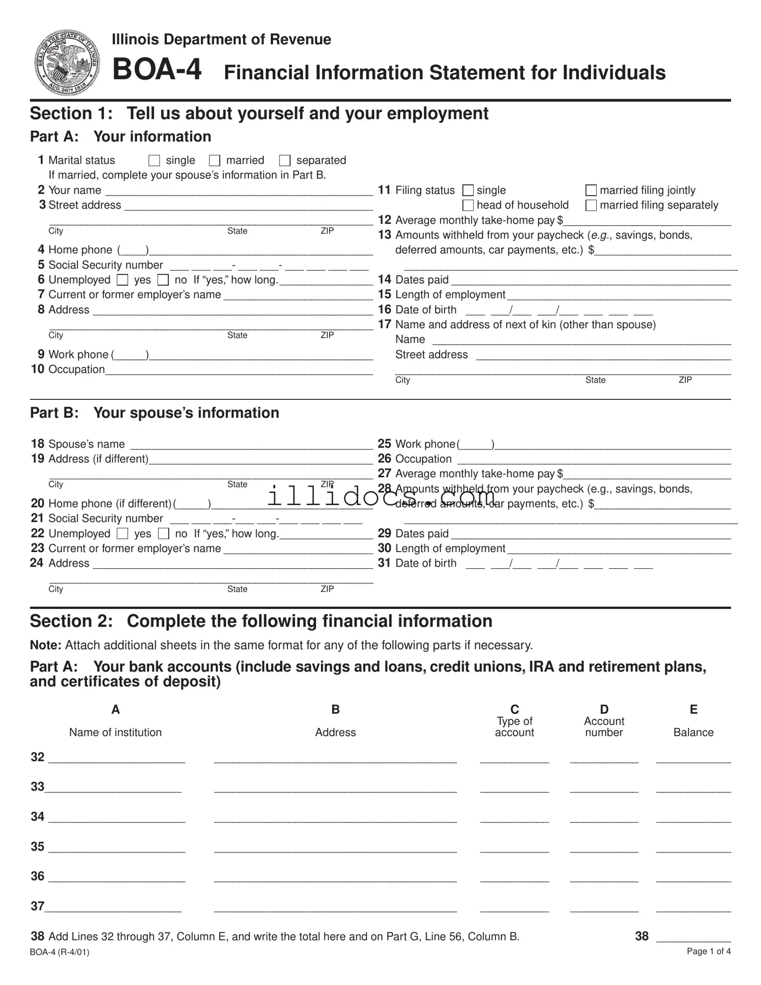 Fillable Illinois Boa 4 Template in PDF