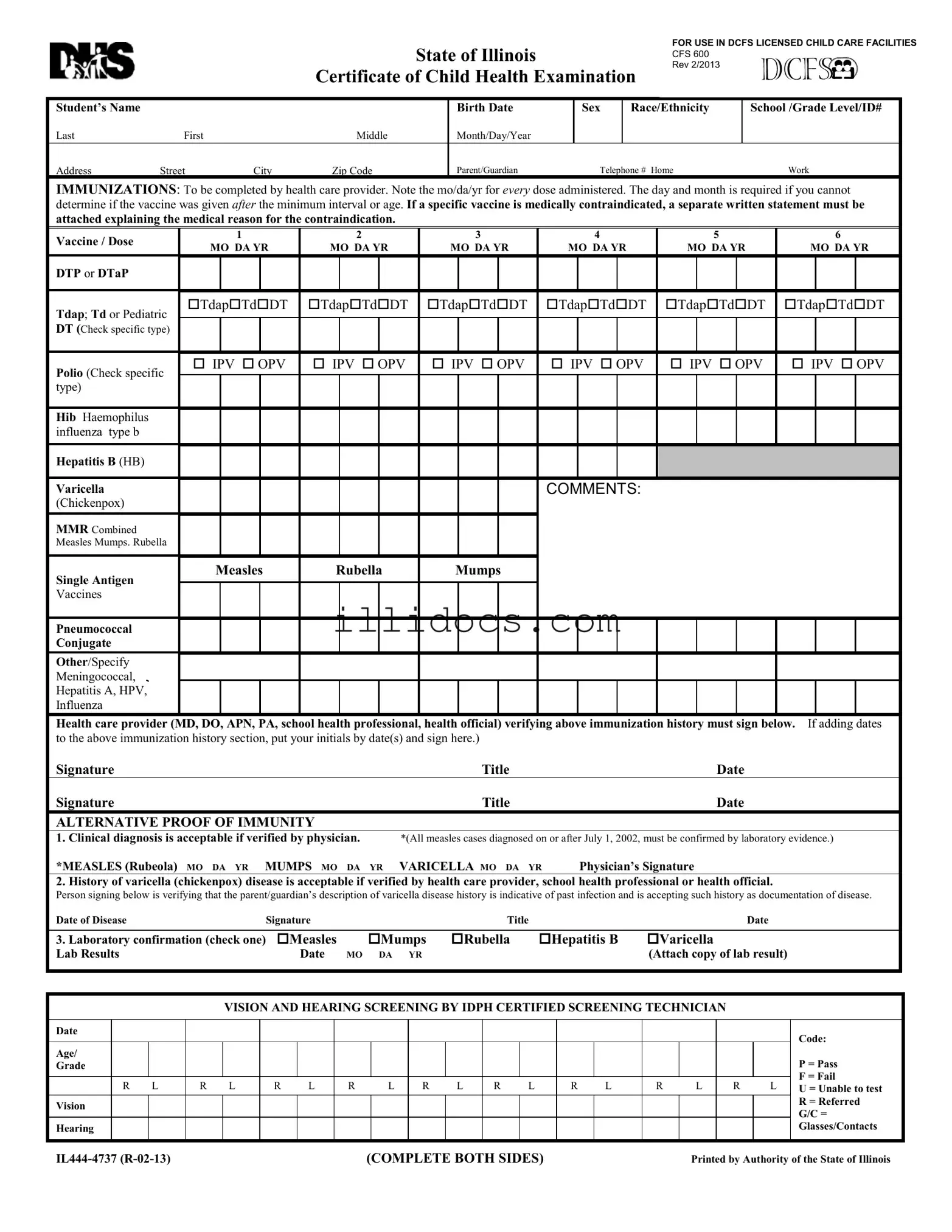 Fillable Illinois Child Health Examination Template in PDF