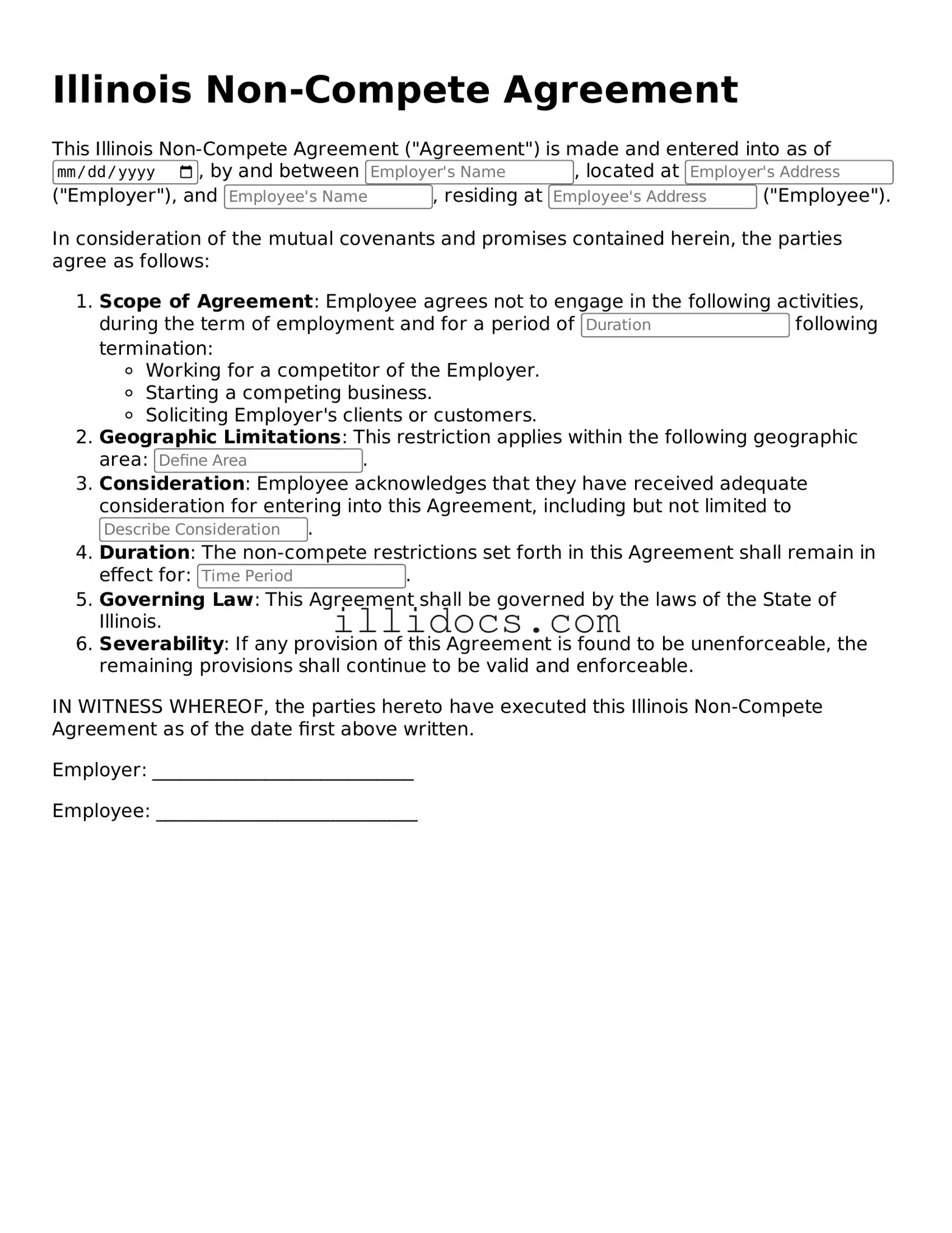 Official  Non-compete Agreement Document for Illinois