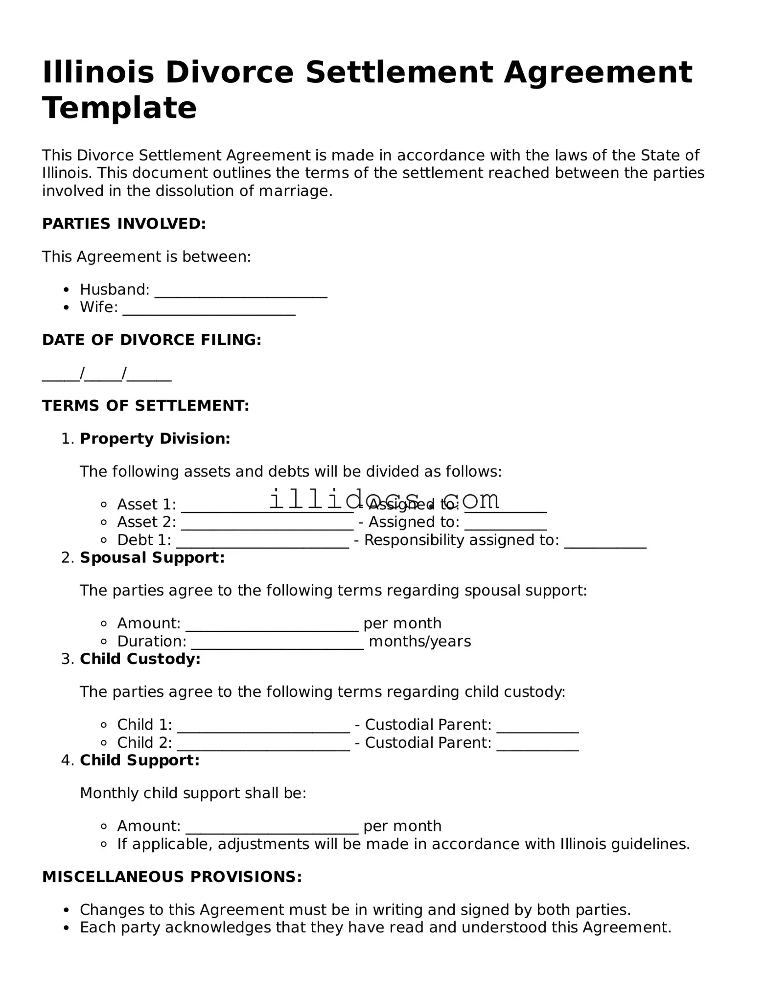 Official  Divorce Settlement Agreement Document for Illinois