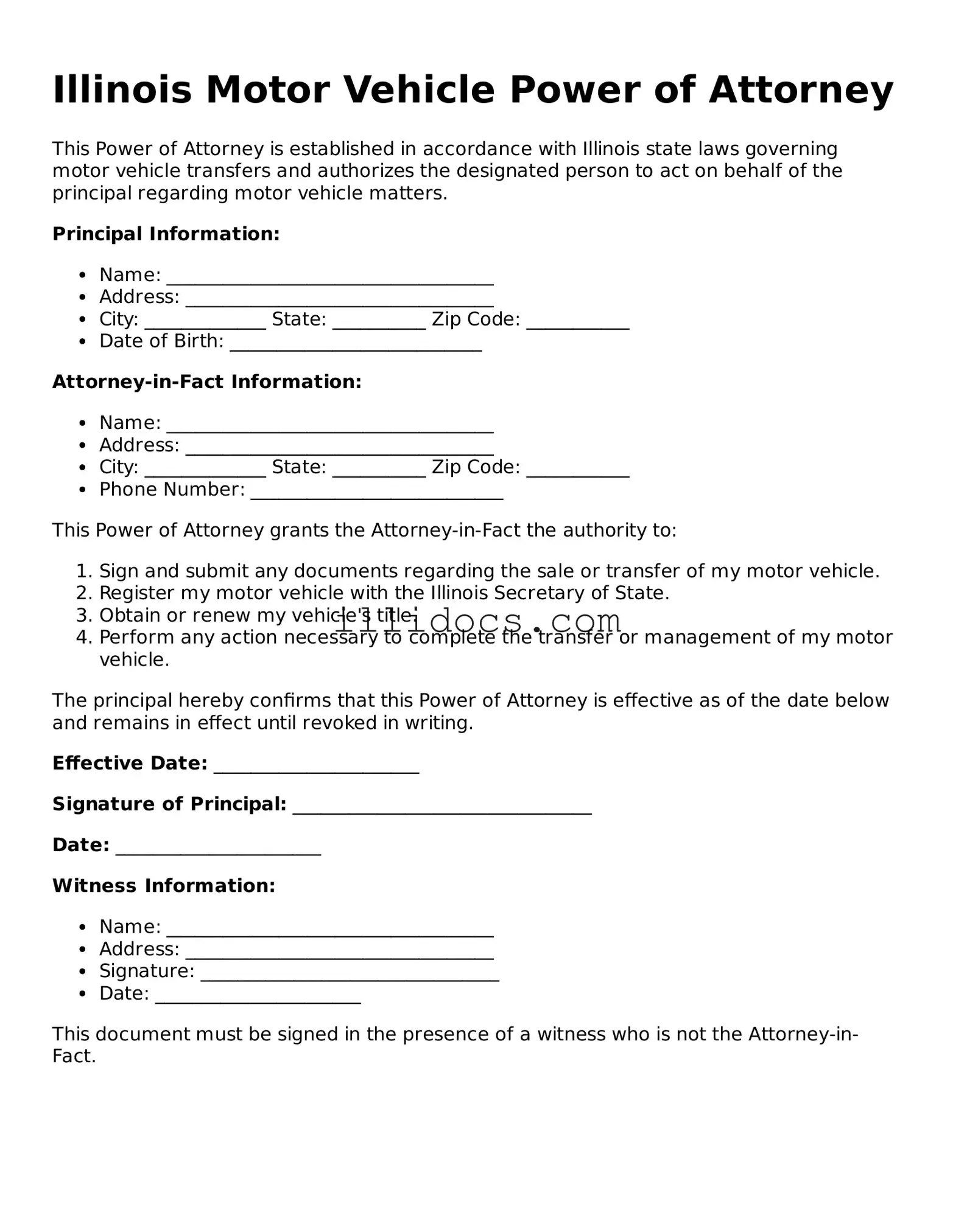 Official  Motor Vehicle Power of Attorney Document for Illinois