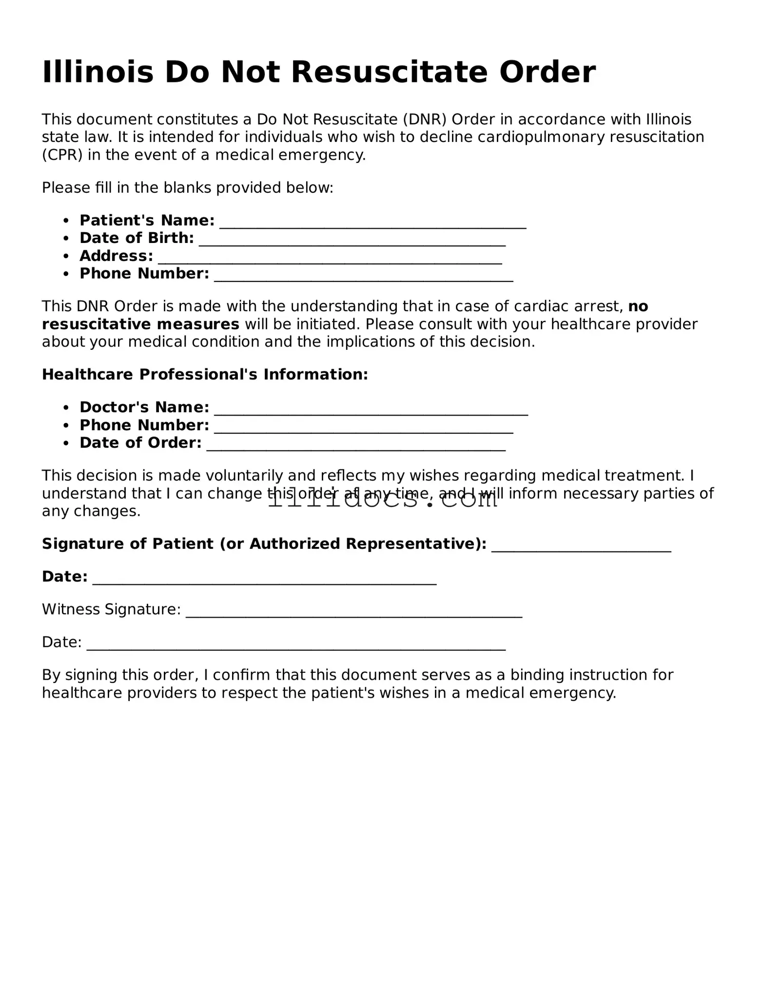 Official  Do Not Resuscitate Order Document for Illinois