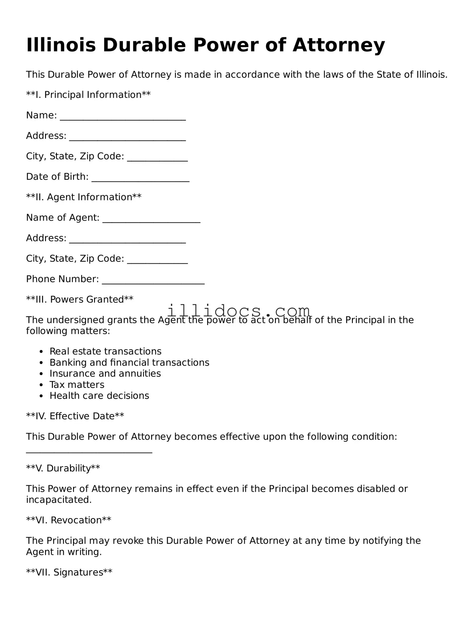 Official  Durable Power of Attorney Document for Illinois