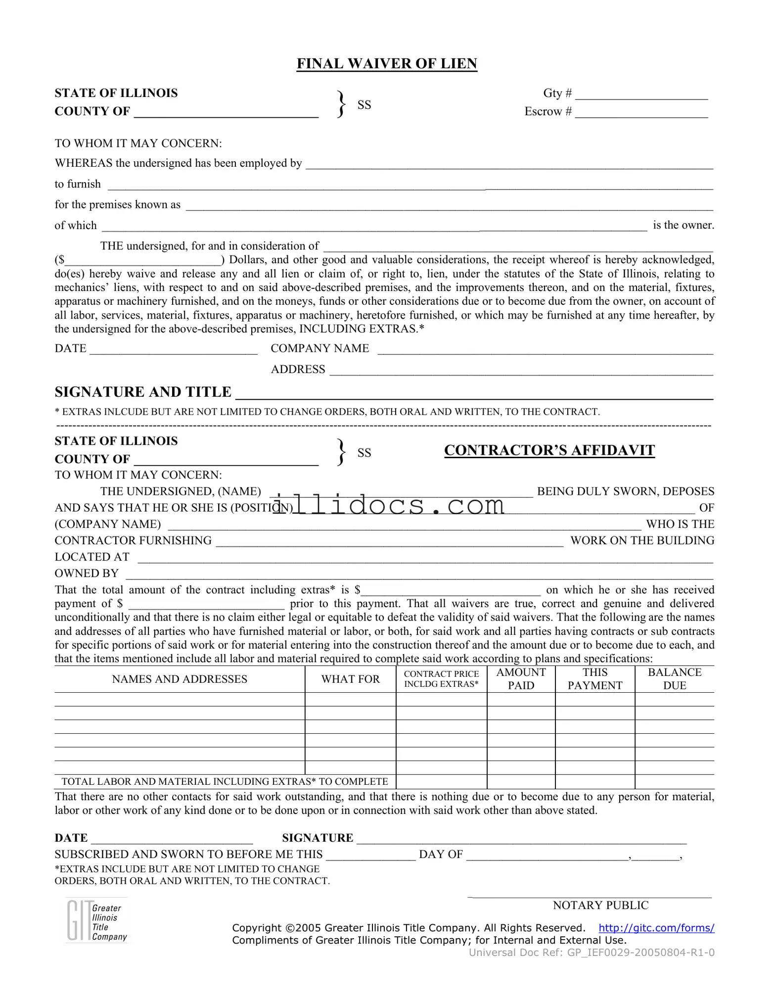 Fillable Illinois Final Waiver Of Lien Template in PDF