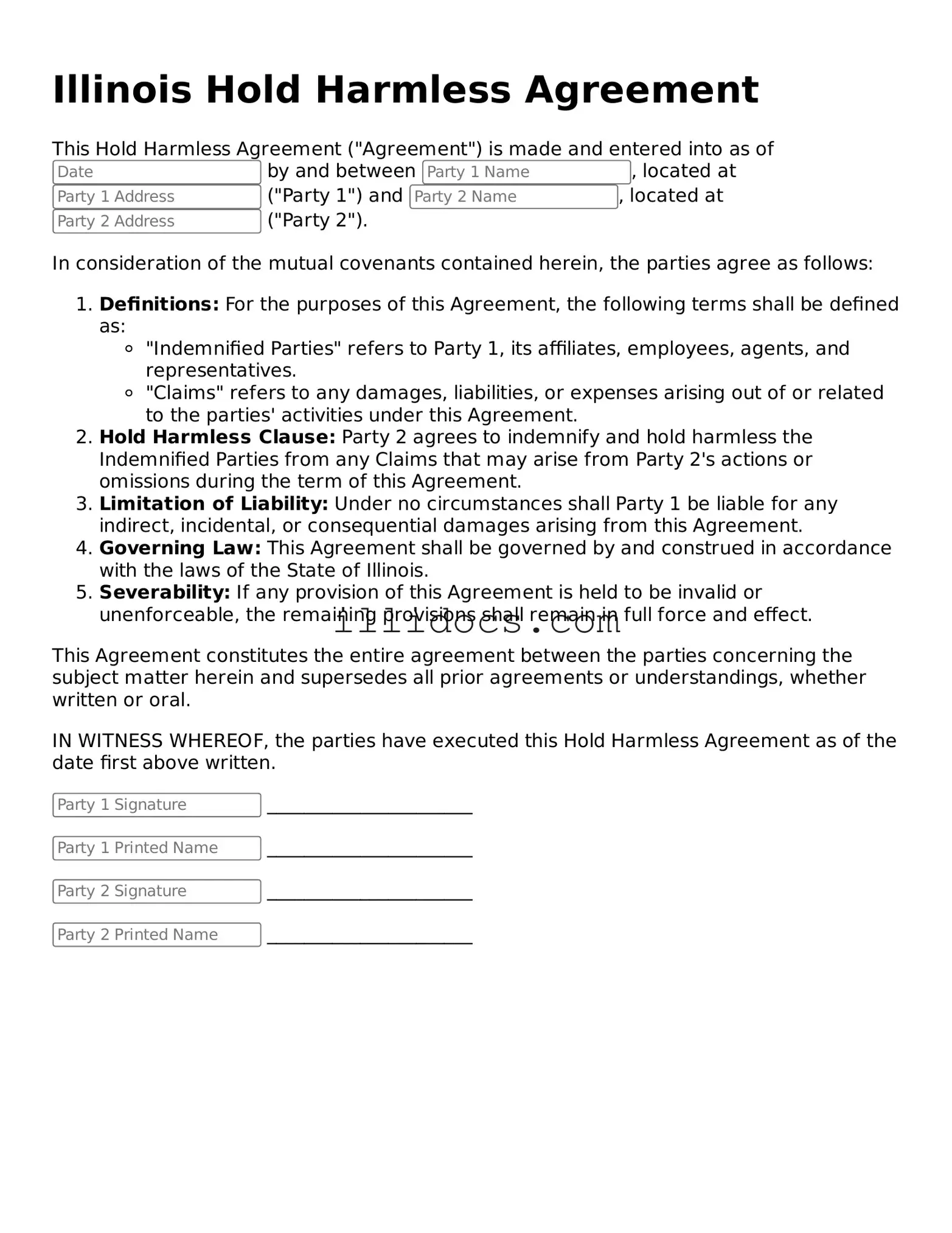 Official  Hold Harmless Agreement Document for Illinois