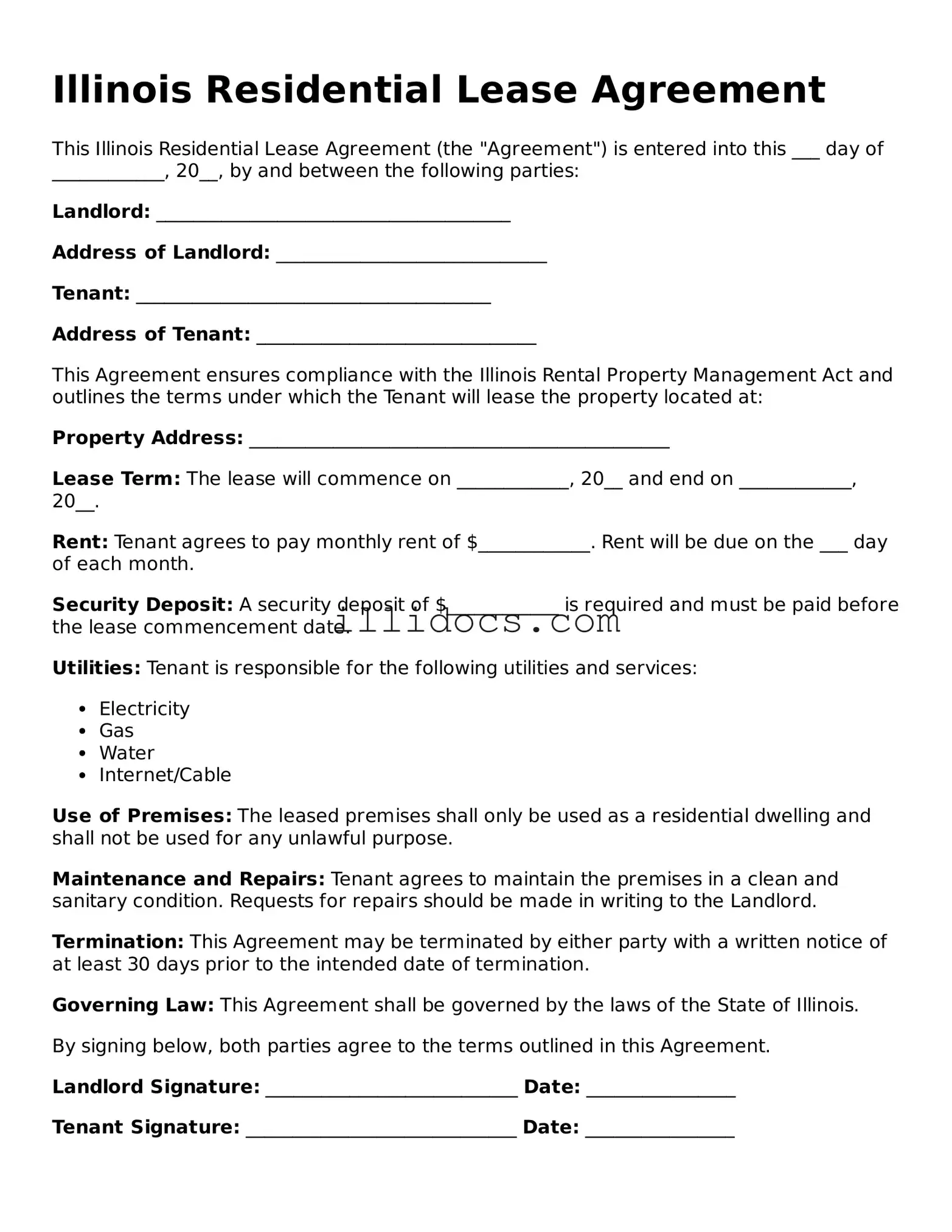 Official  Residential Lease Agreement Document for Illinois