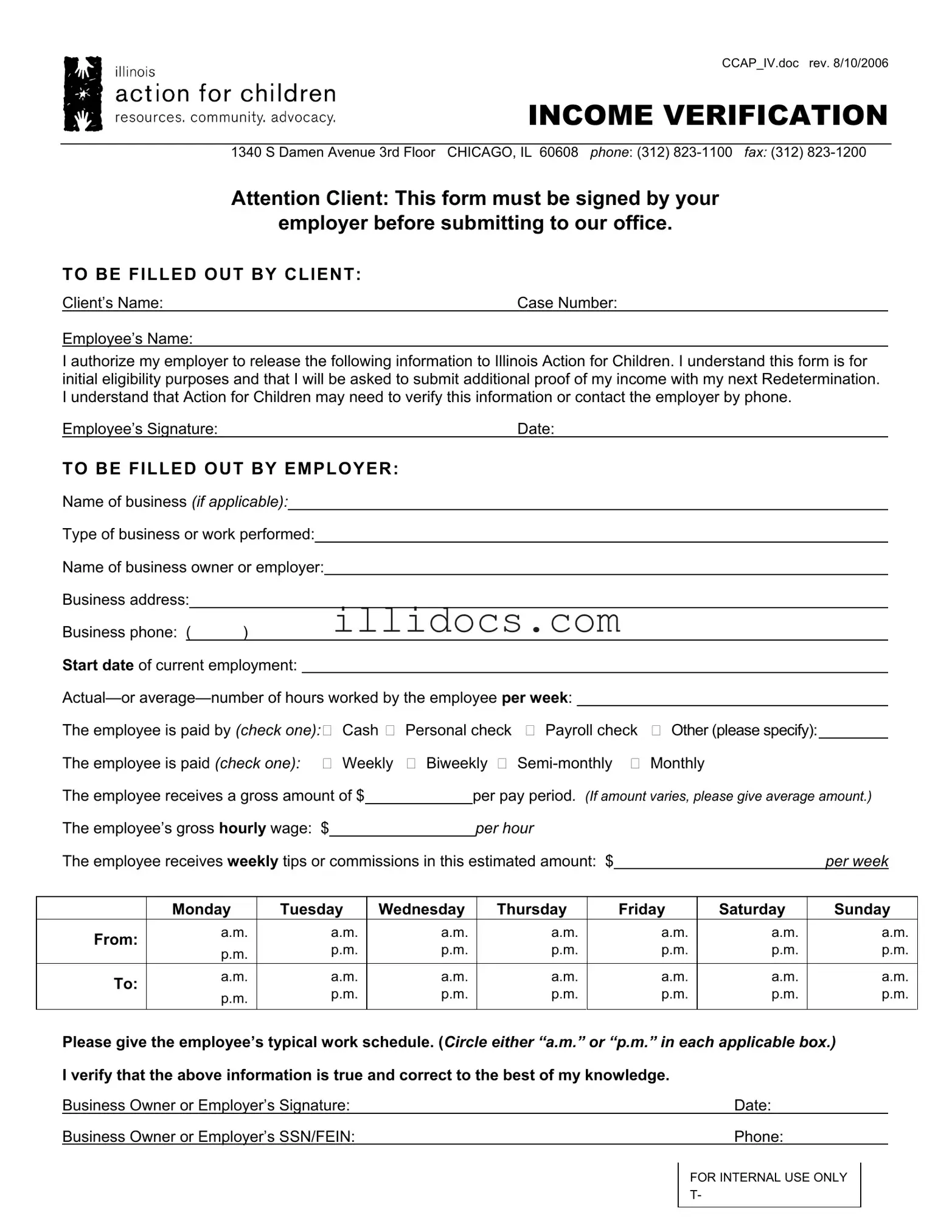 Fillable Illinois Income Verification Template in PDF