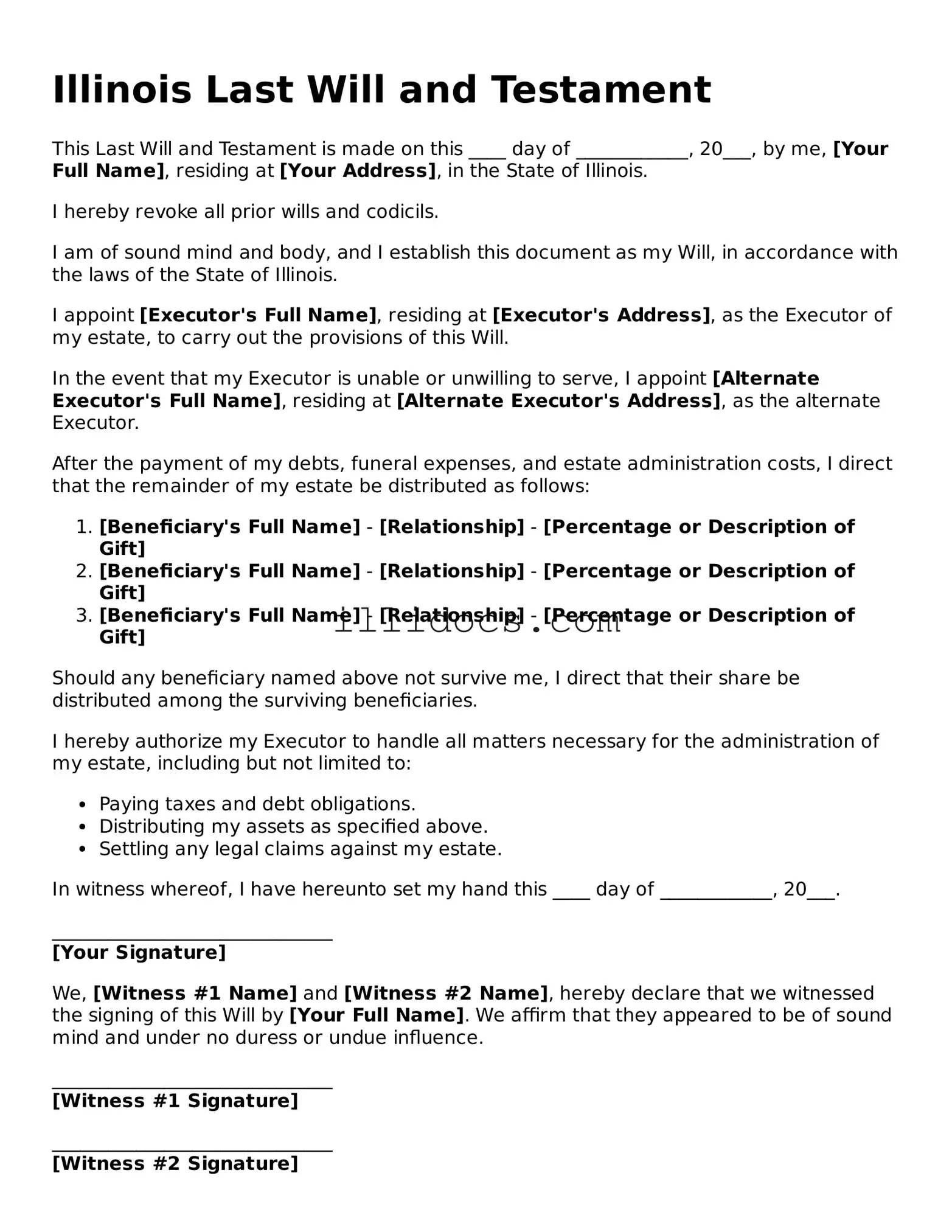 Official  Last Will and Testament Document for Illinois