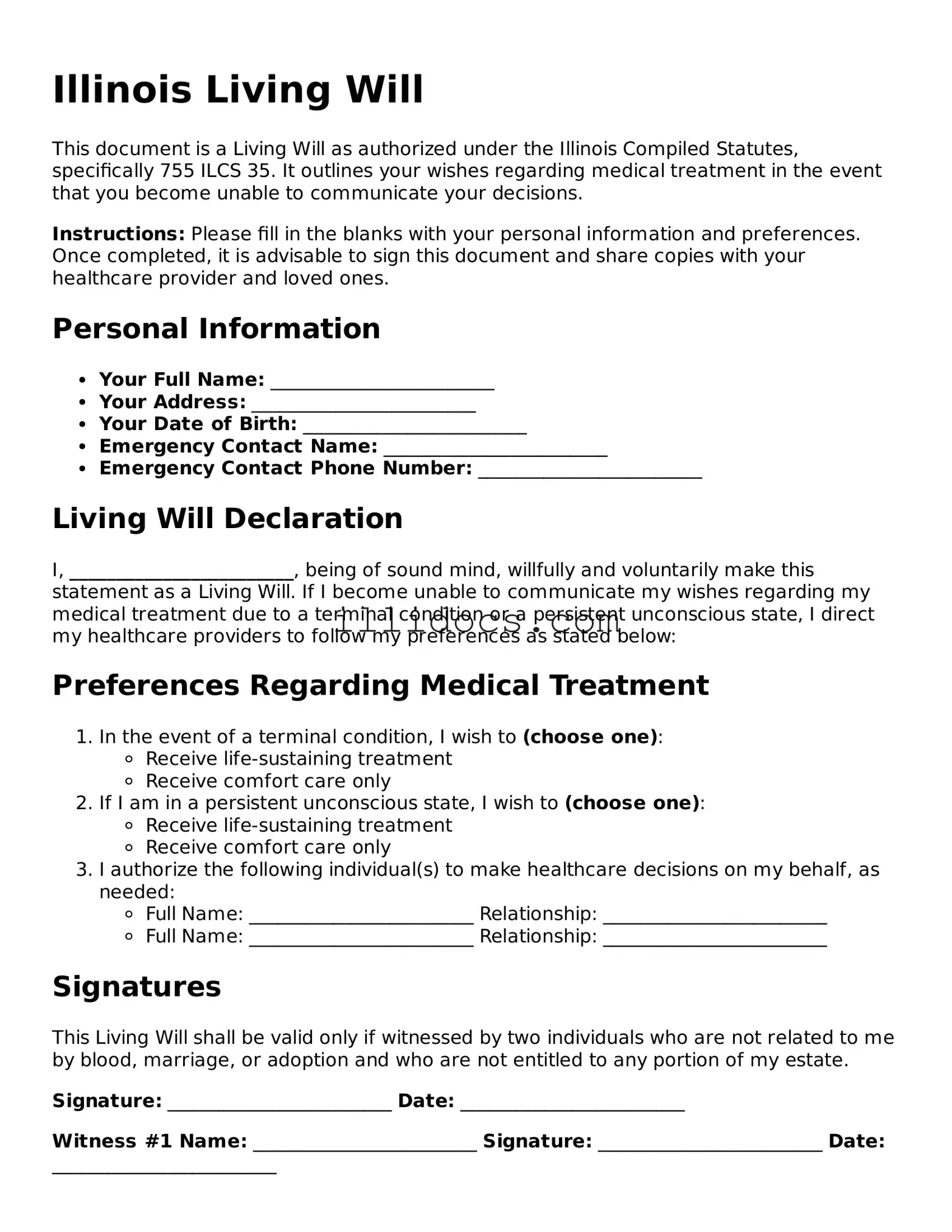Official  Living Will Document for Illinois