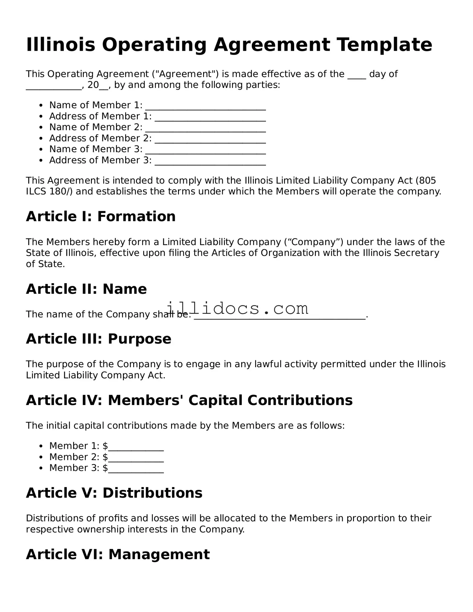 Official  Operating Agreement Document for Illinois