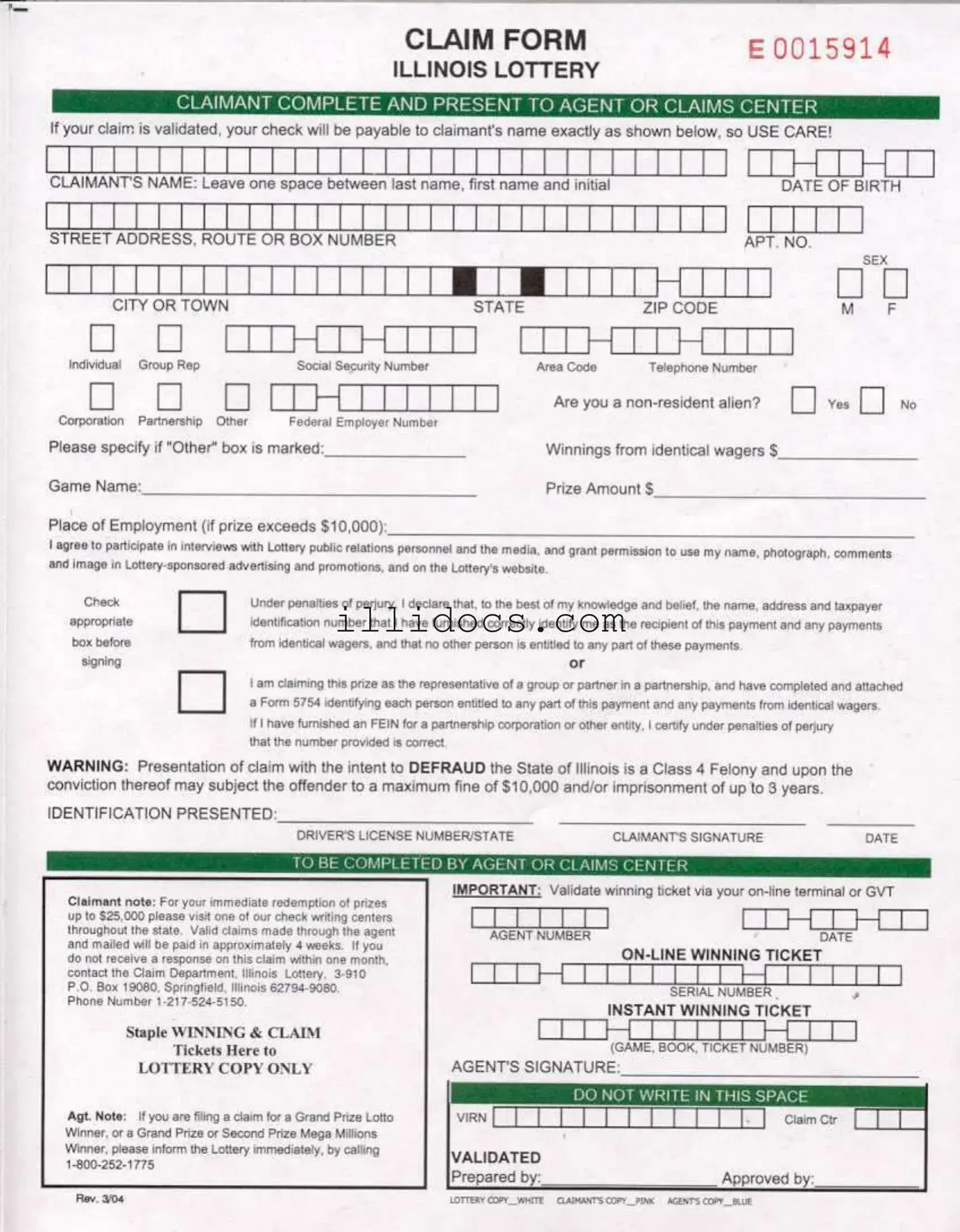 Fillable Illinois Lottery Claim Template in PDF