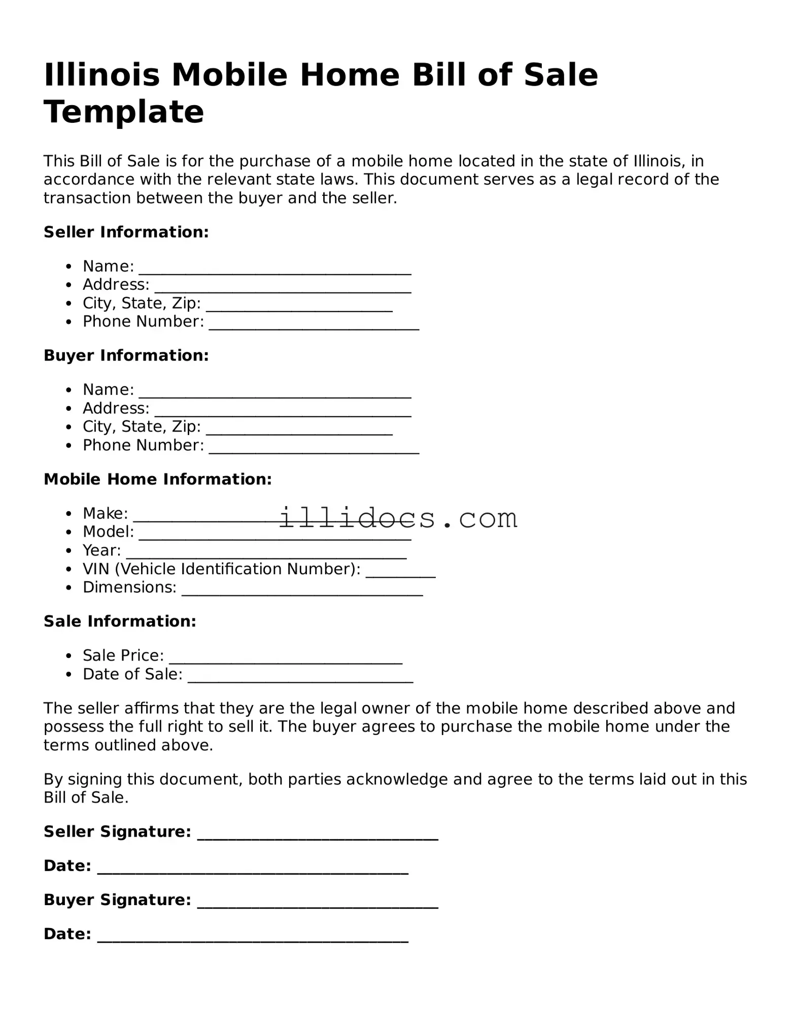 Official  Mobile Home Bill of Sale Document for Illinois