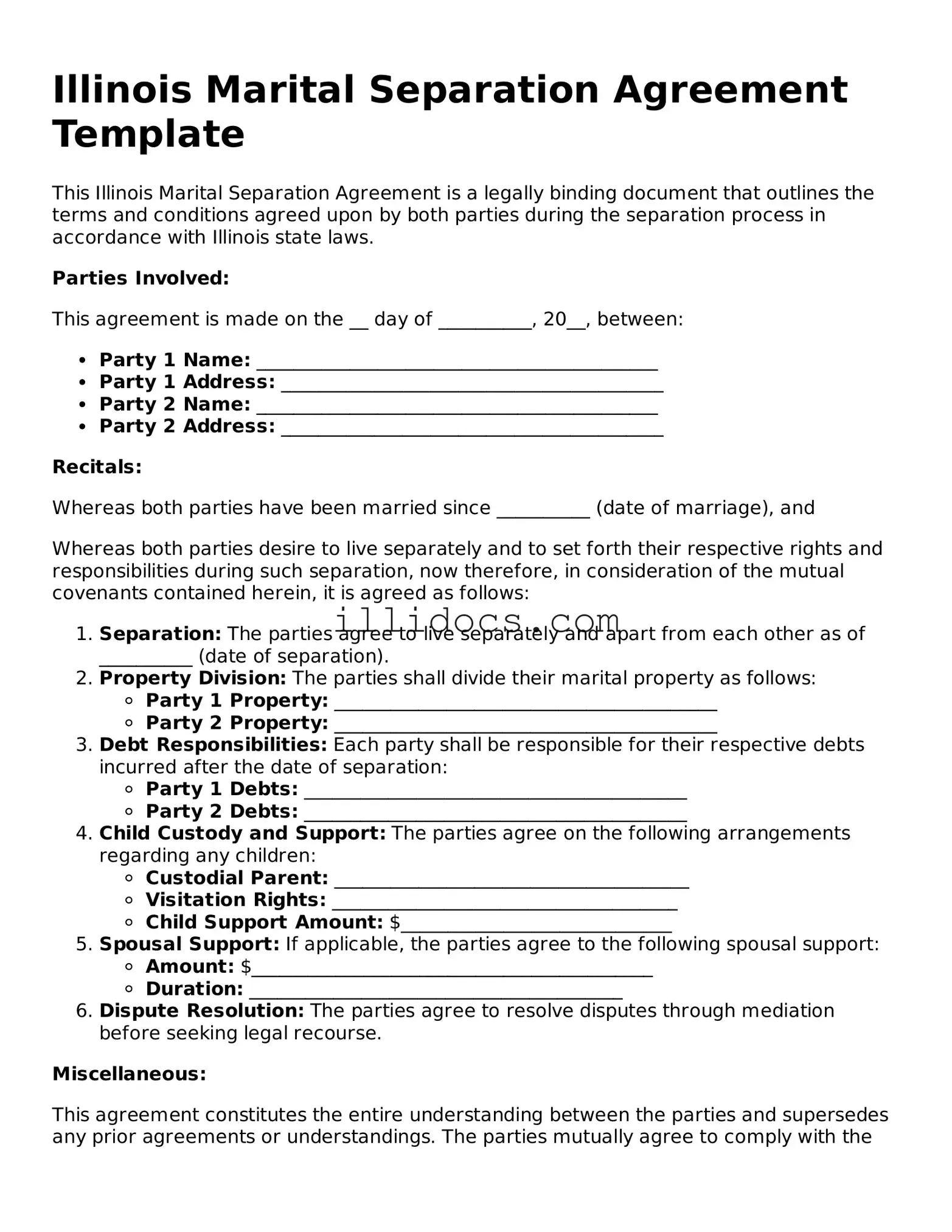Official  Marital Separation Agreement Document for Illinois