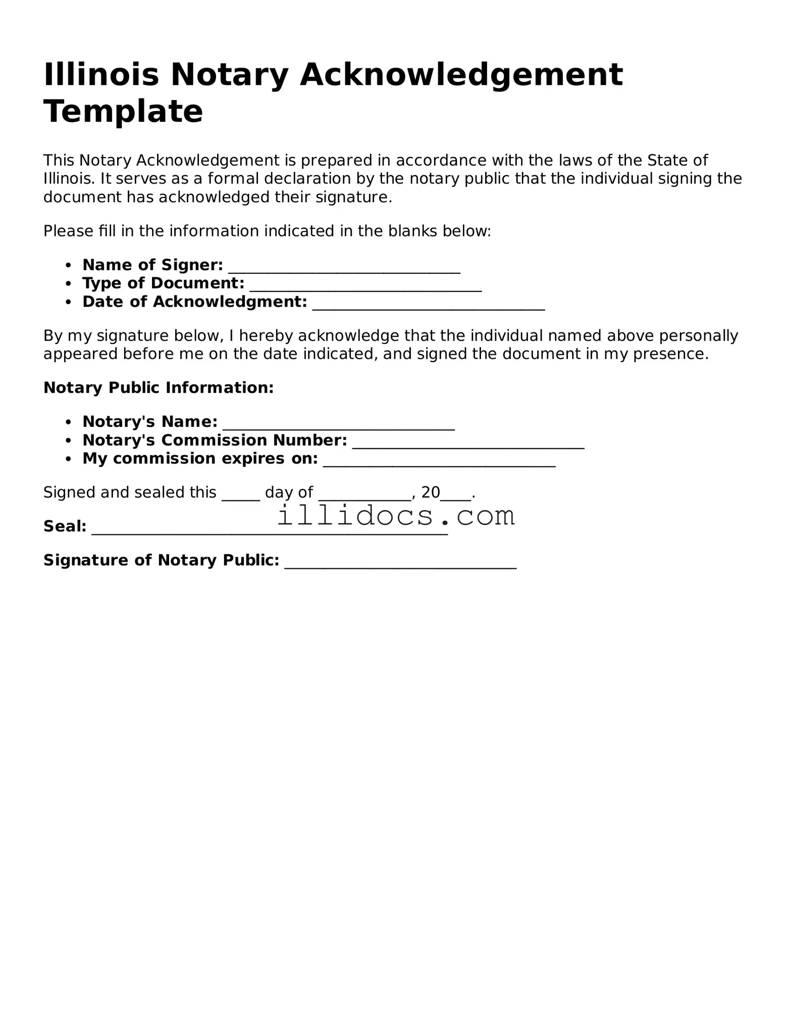 Official  Notary Acknowledgement Document for Illinois