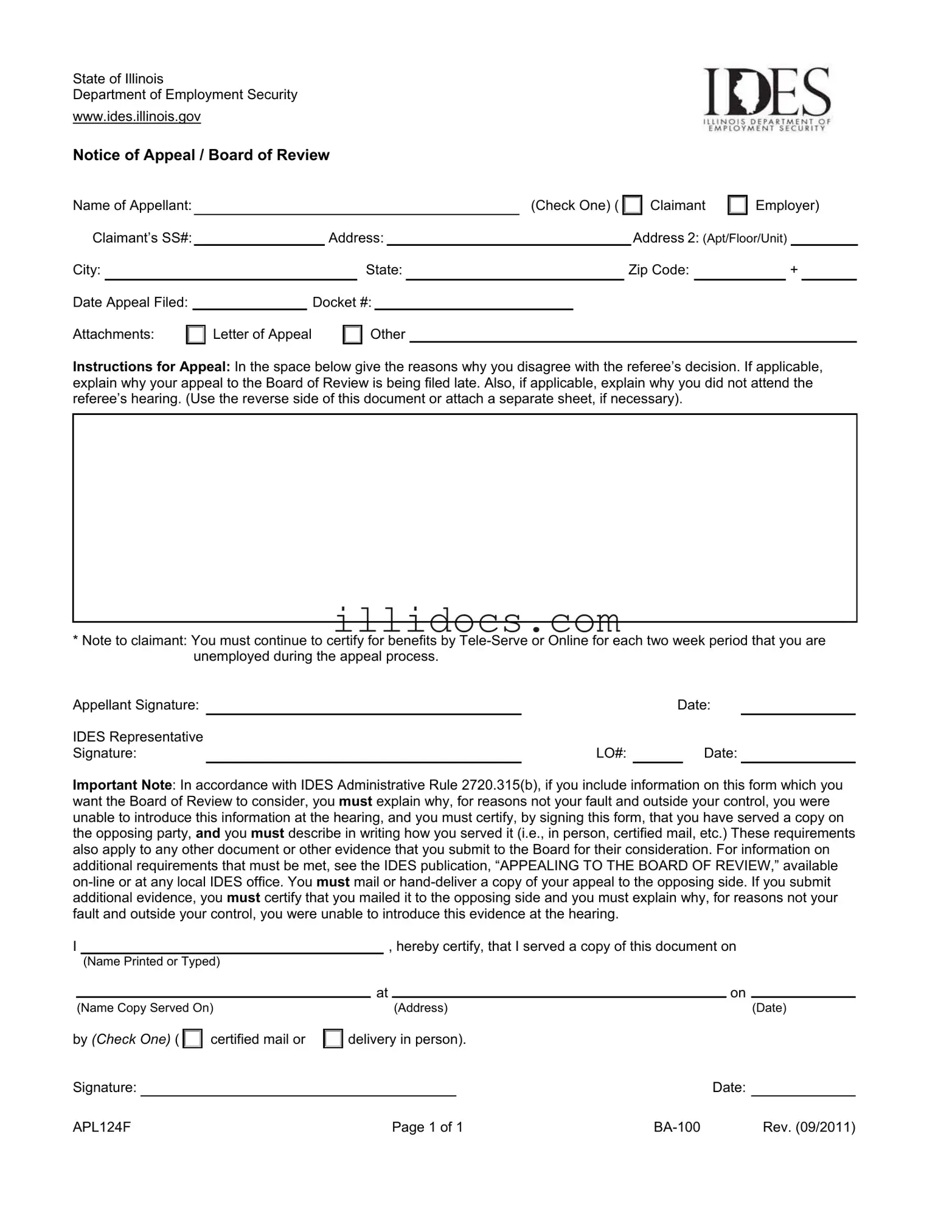 Fillable Illinois Notice Appeal Template in PDF