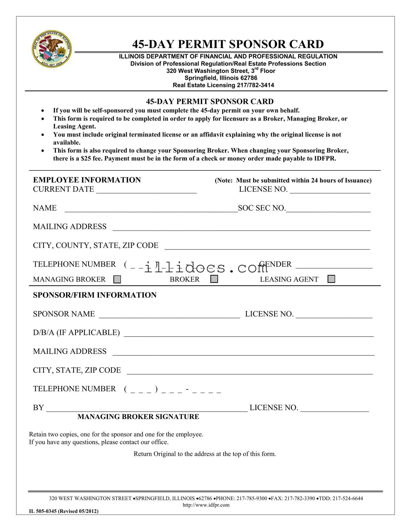 Fillable Illinois Permit Sponsor Card Template in PDF