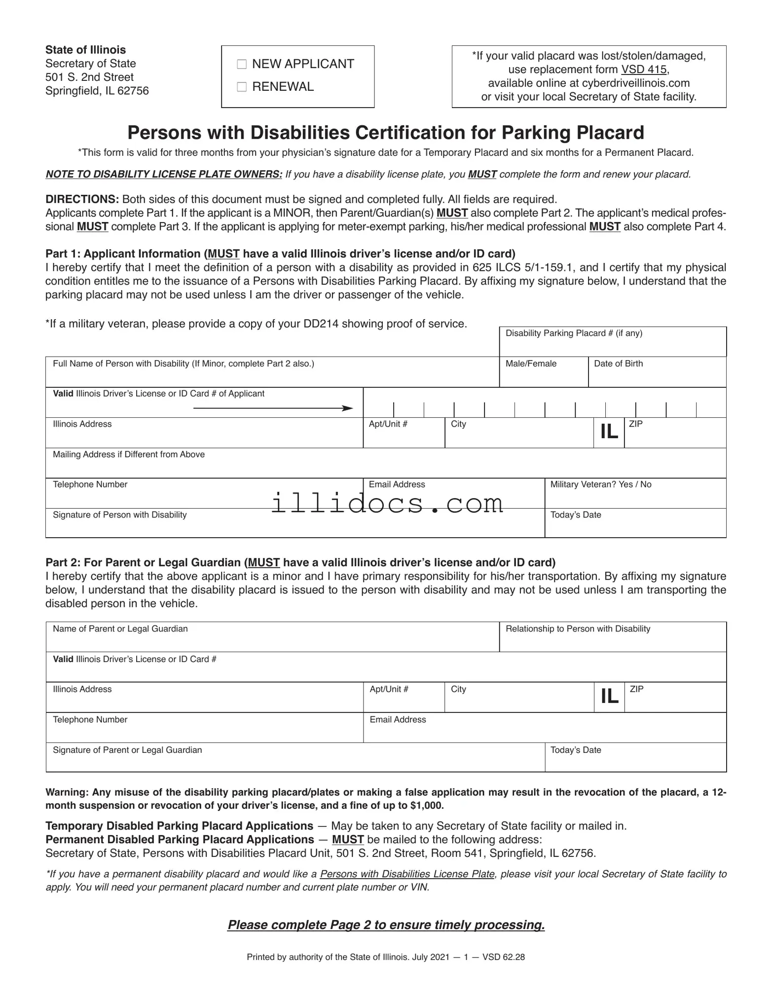 Fillable Illinois Placard Template in PDF
