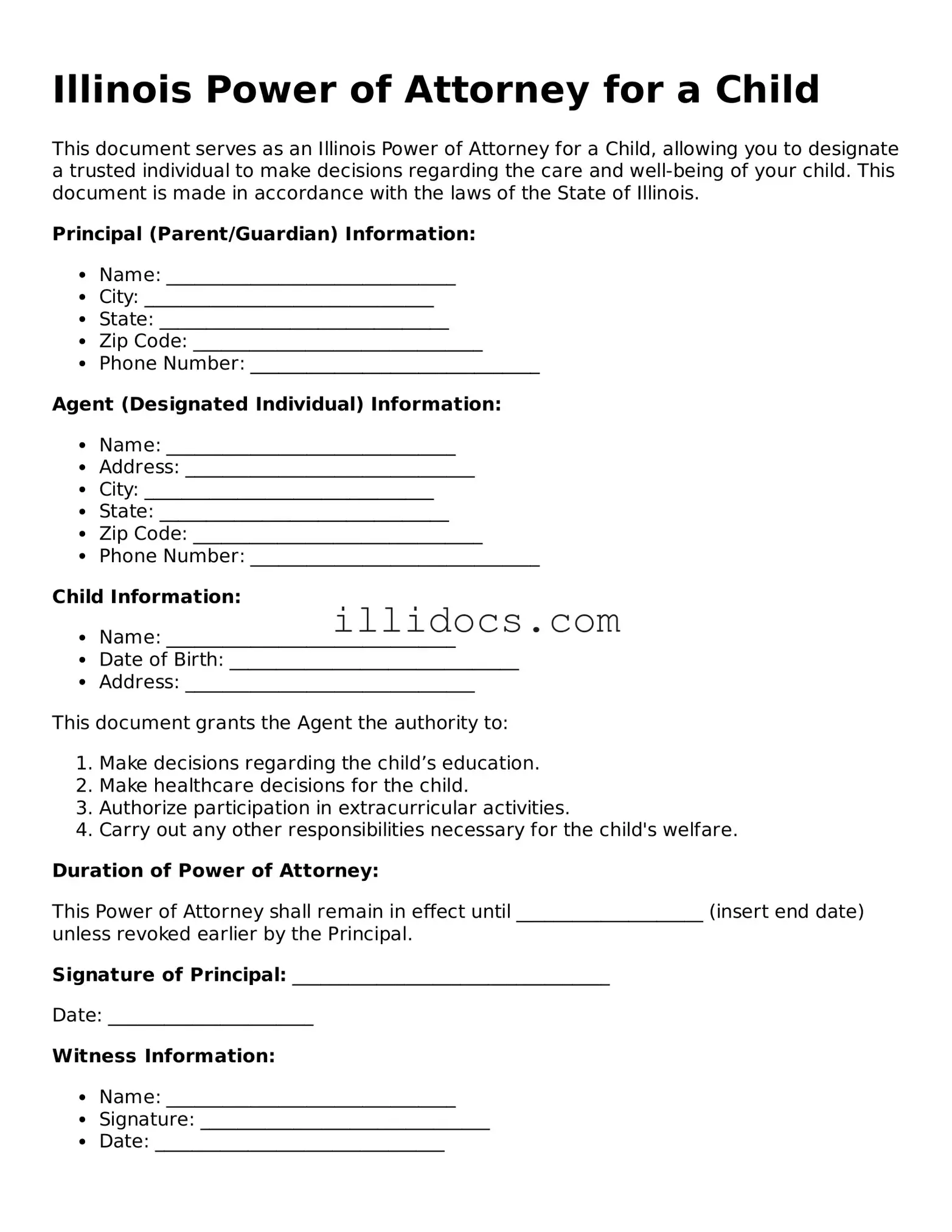 Official  Power of Attorney for a Child Document for Illinois