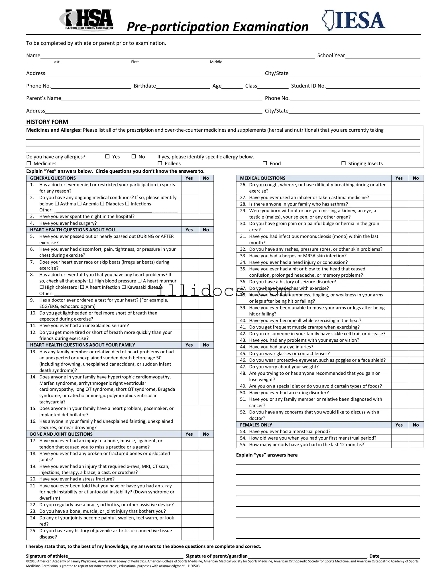 Fillable Illinois Pre Participation Physical Template in PDF