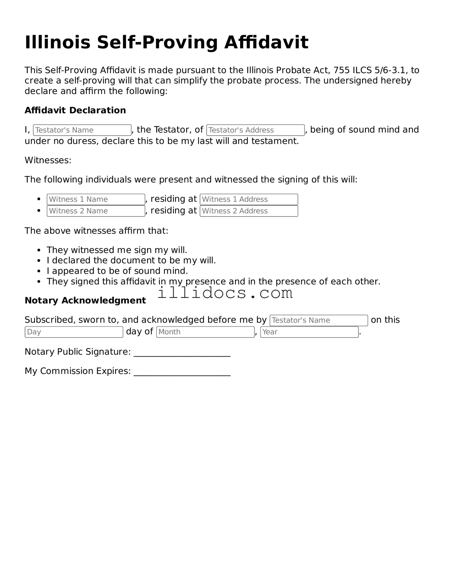 Official  Self-Proving Affidavit Document for Illinois