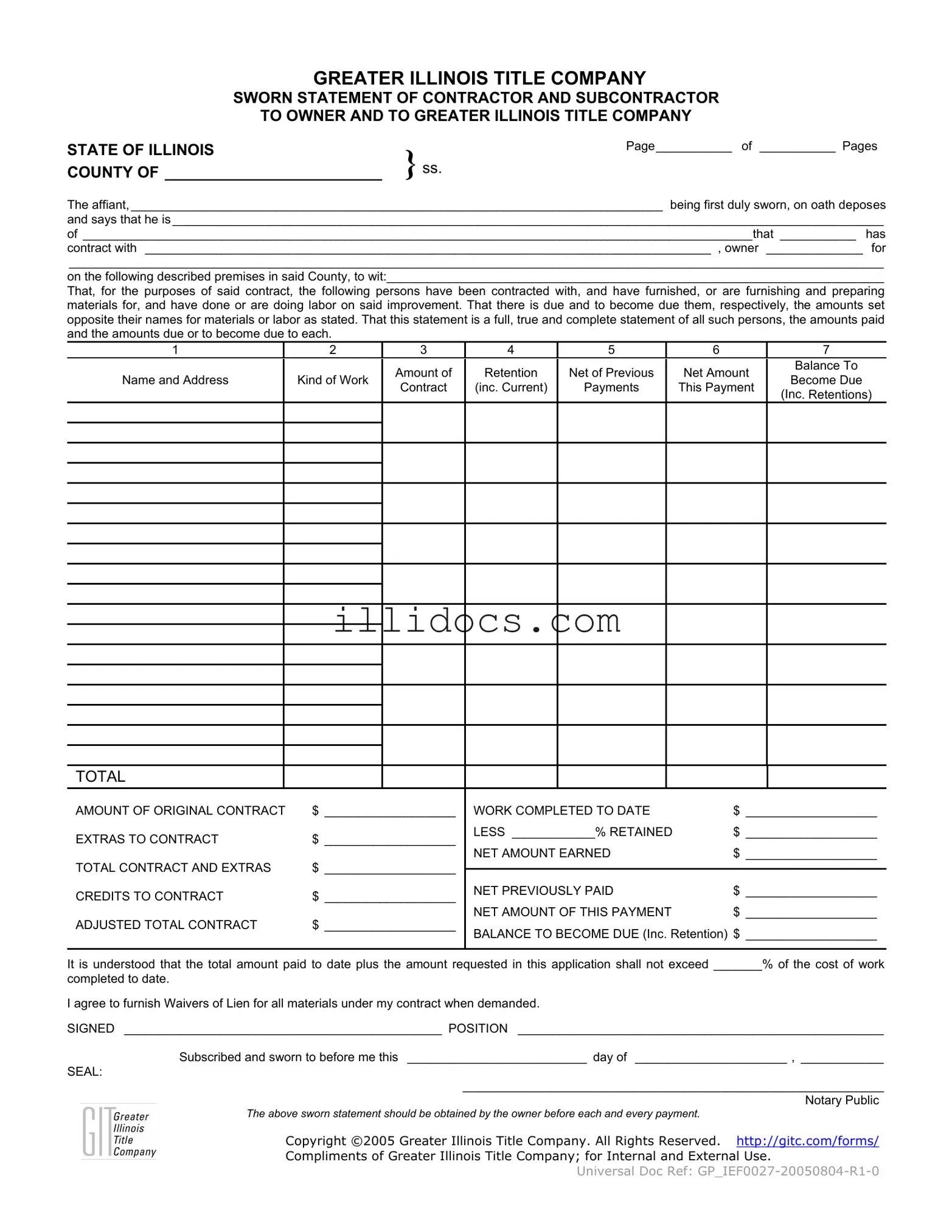 Fillable Illinois Sworn Statement Template in PDF