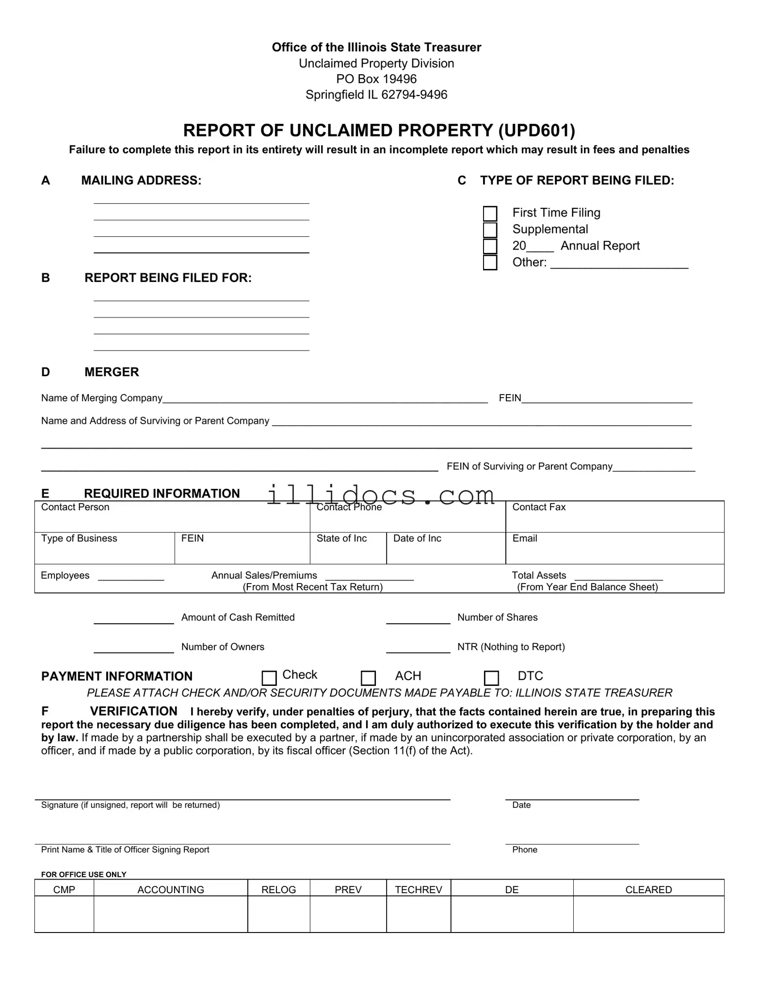 Fillable Illinois Unclaimed Property Reporting Template in PDF