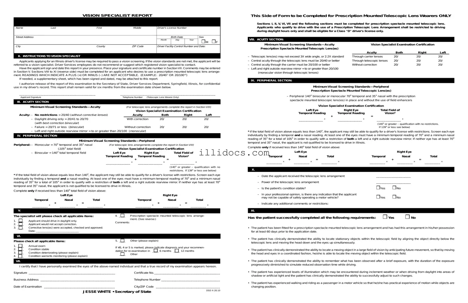 Fillable Illinois Vision Specialist Report Template in PDF