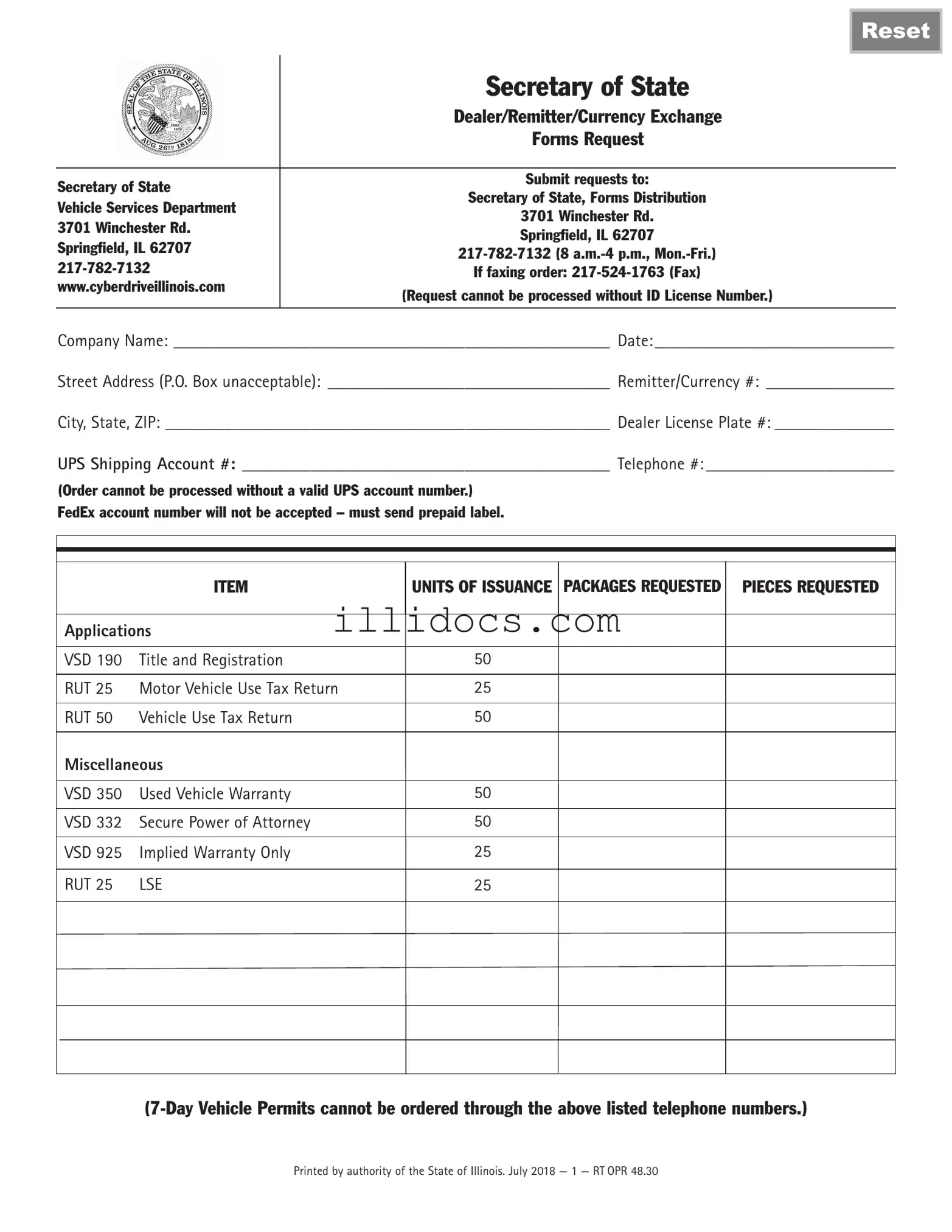Fillable Illinois Vsd 190 Template in PDF