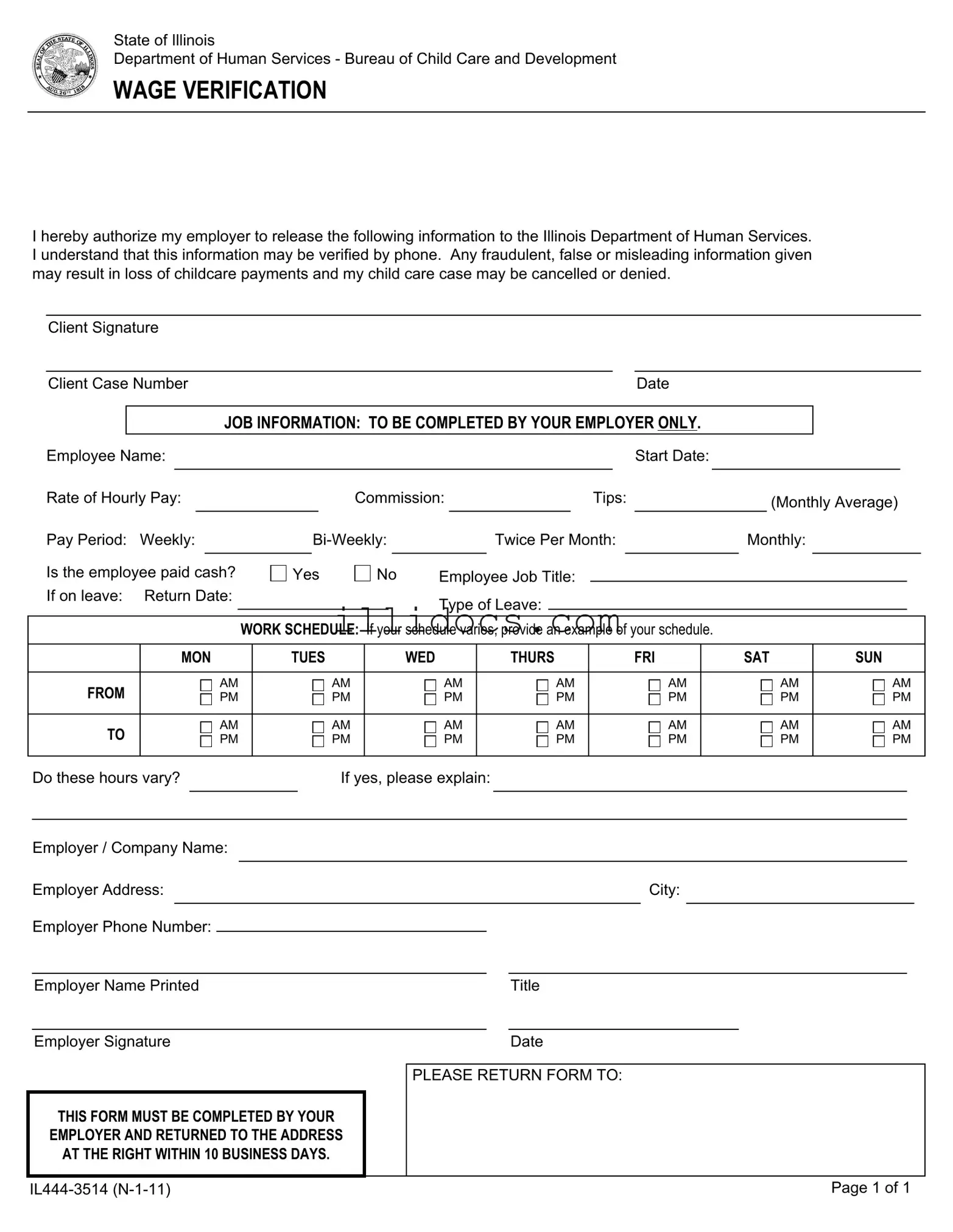 Fillable Illinois Wage Verification Template in PDF