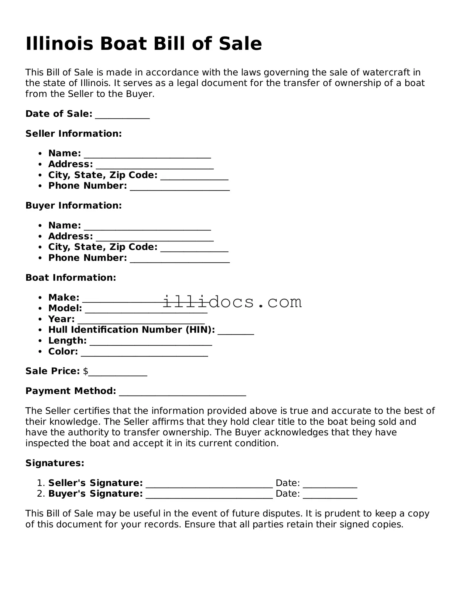 Official Boat Bill of Sale Document for Illinois