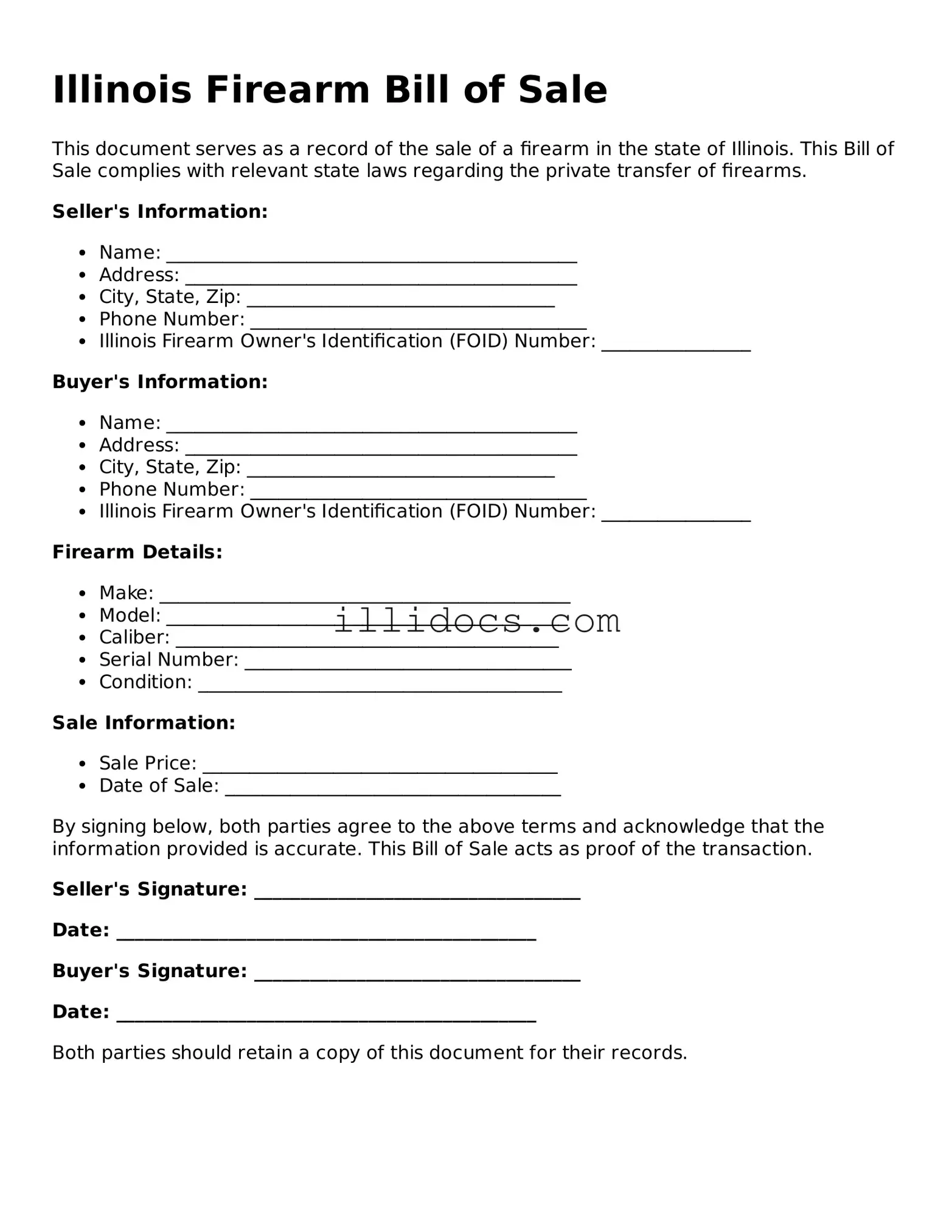 Official  Firearm Bill of Sale Document for Illinois