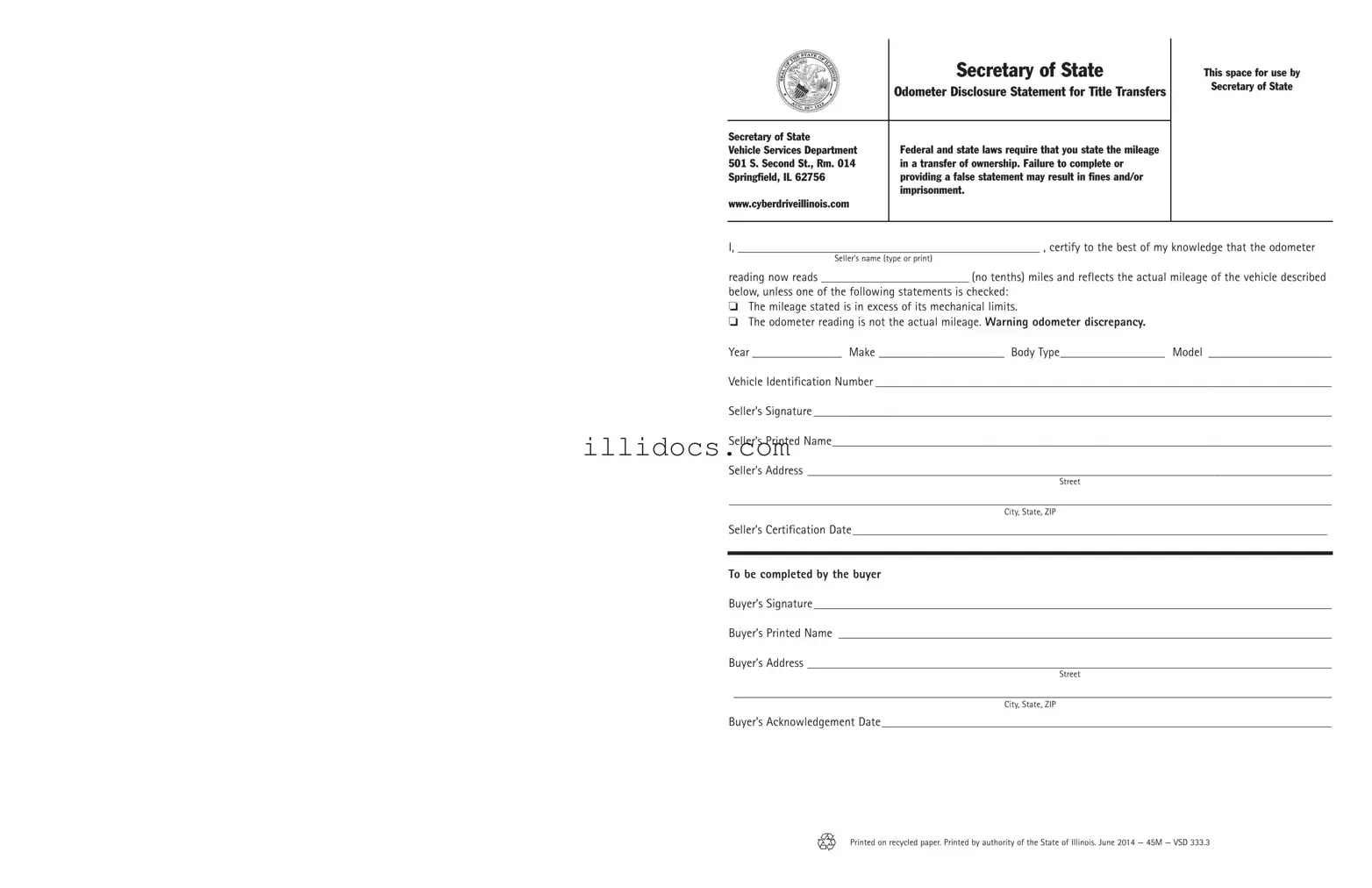 Fillable Odometer Statement For Illinois Template in PDF