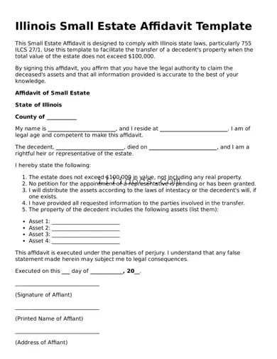 Official  Small Estate Affidavit Document for Illinois