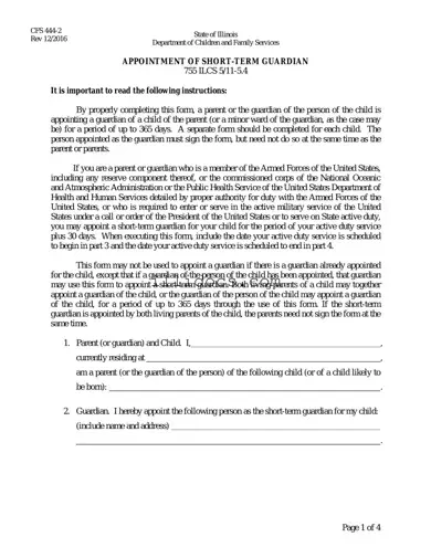 Fillable Illinois Appointment Short Term Guardian Template in PDF
