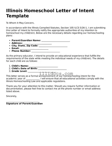 Official  Homeschool Letter of Intent Document for Illinois