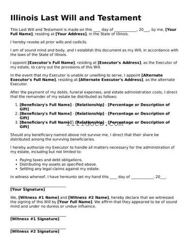 Official  Last Will and Testament Document for Illinois
