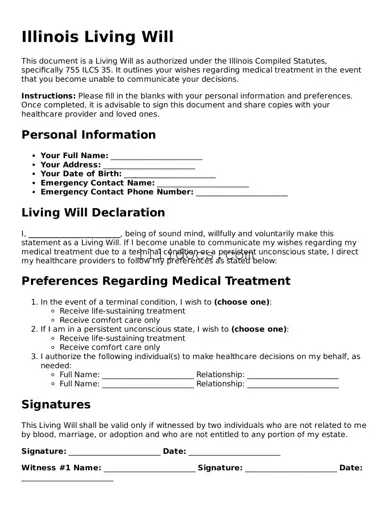 Official  Living Will Document for Illinois